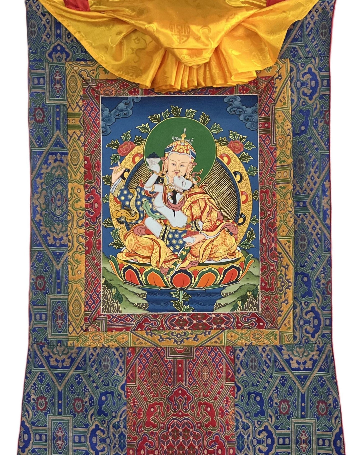 Hand-Painted Padmasambhava Thangka – Guru Rinpoche, Silk Brocade Tibetan Art