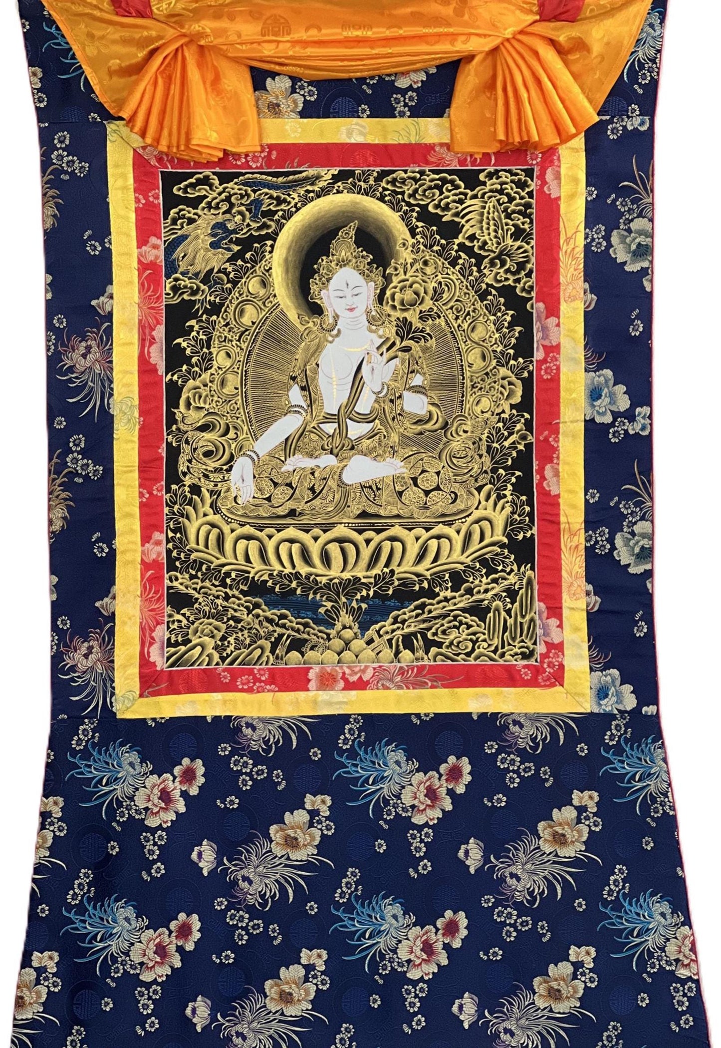 White Tara Thangka Painting – Hand-Painted Tibetan Buddhist Art, Silk Brocade