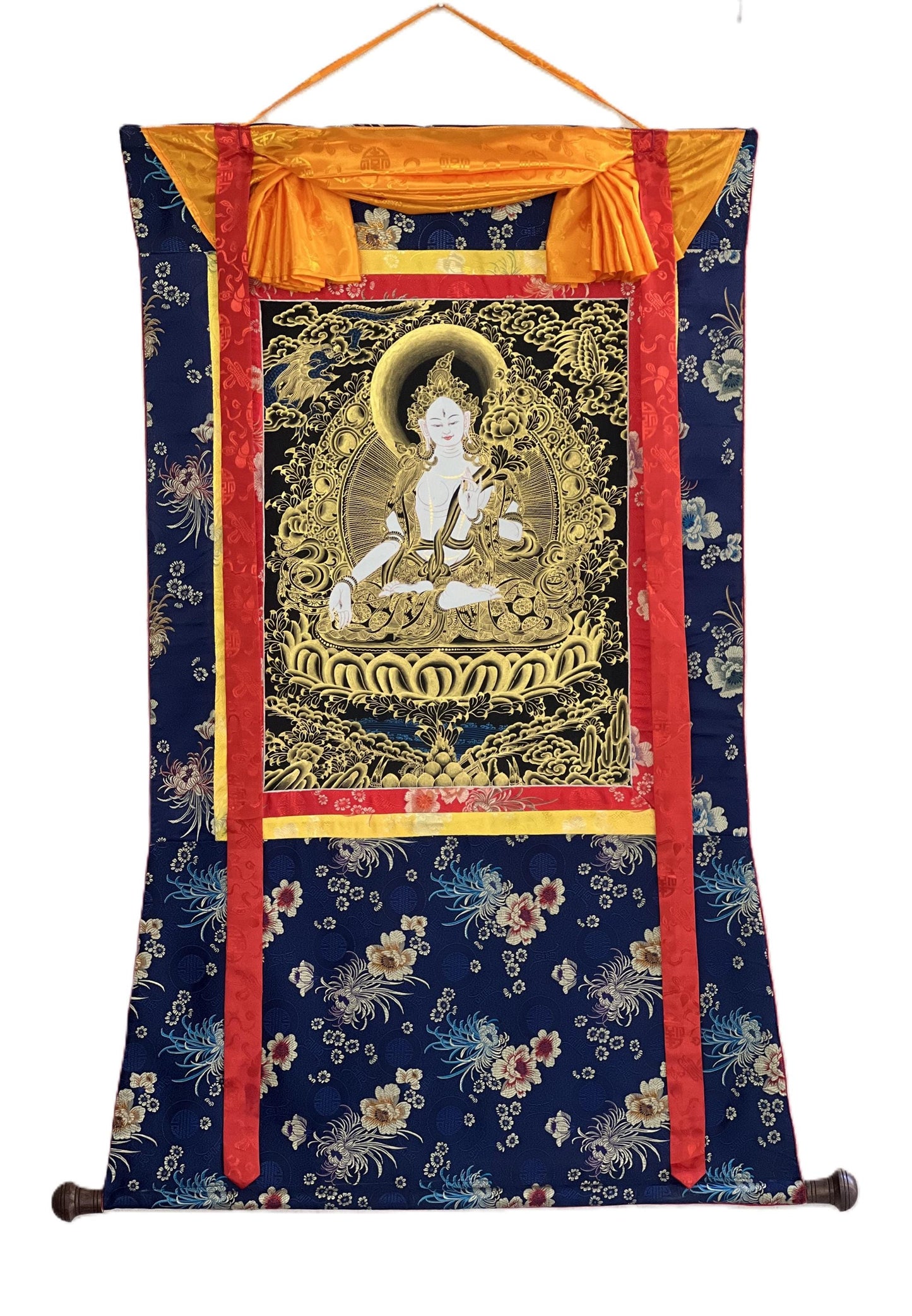 White Tara Thangka Painting – Hand-Painted Tibetan Buddhist Art, Silk Brocade