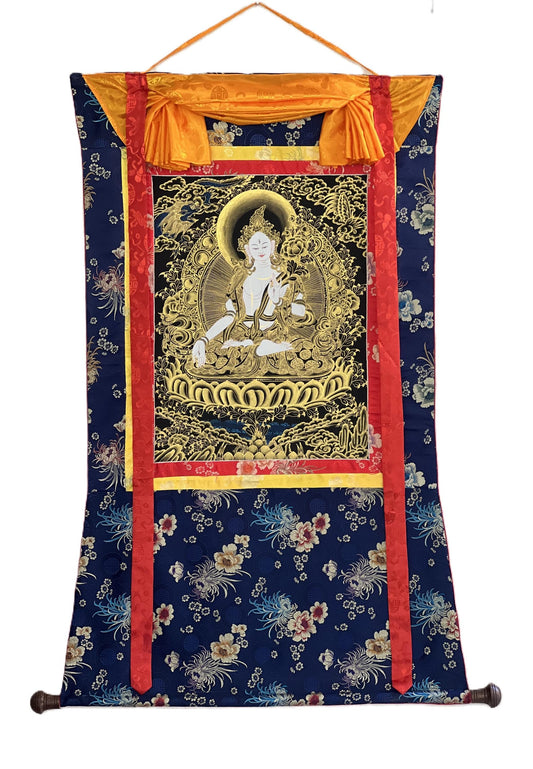 White Tara Thangka Painting – Hand-Painted Tibetan Buddhist Art, Silk Brocade