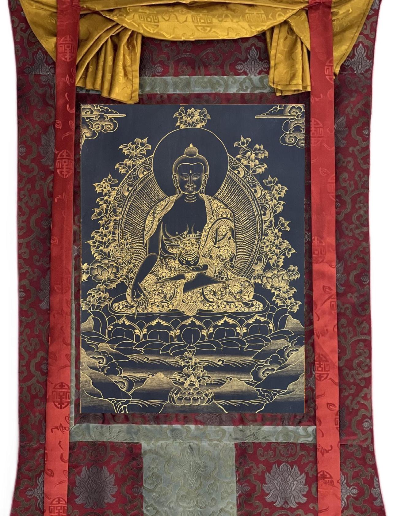 Hand-Painted Medicine Buddha Thangka | Black and Gold, Silk Brocade