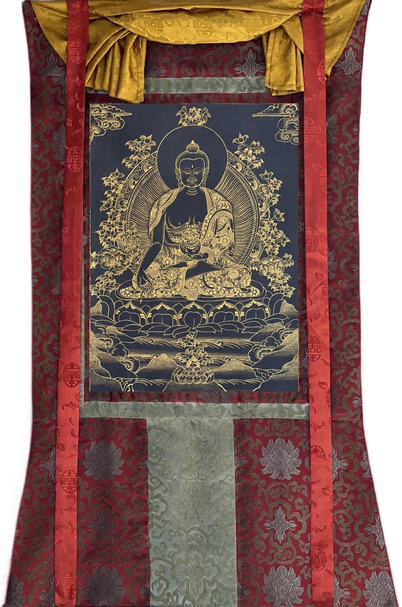 Hand-Painted Medicine Buddha Thangka | Black and Gold, Silk Brocade