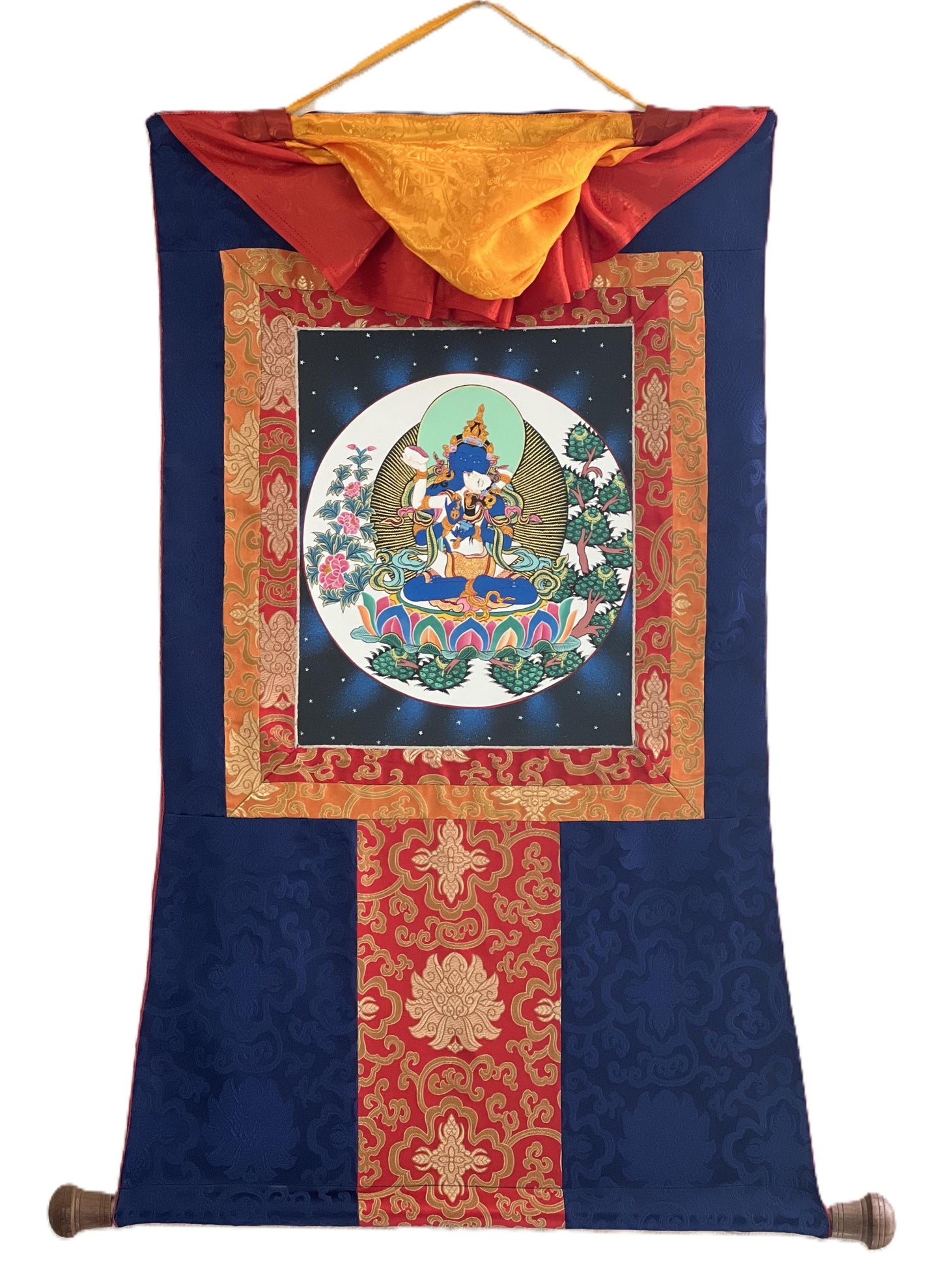 Hand-Painted Vajradhara YabYum Thangka with Silk Brocade