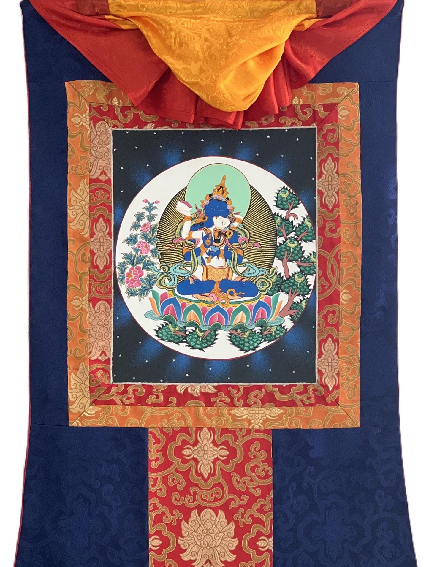 Hand-Painted Vajradhara YabYum Thangka with Silk Brocade