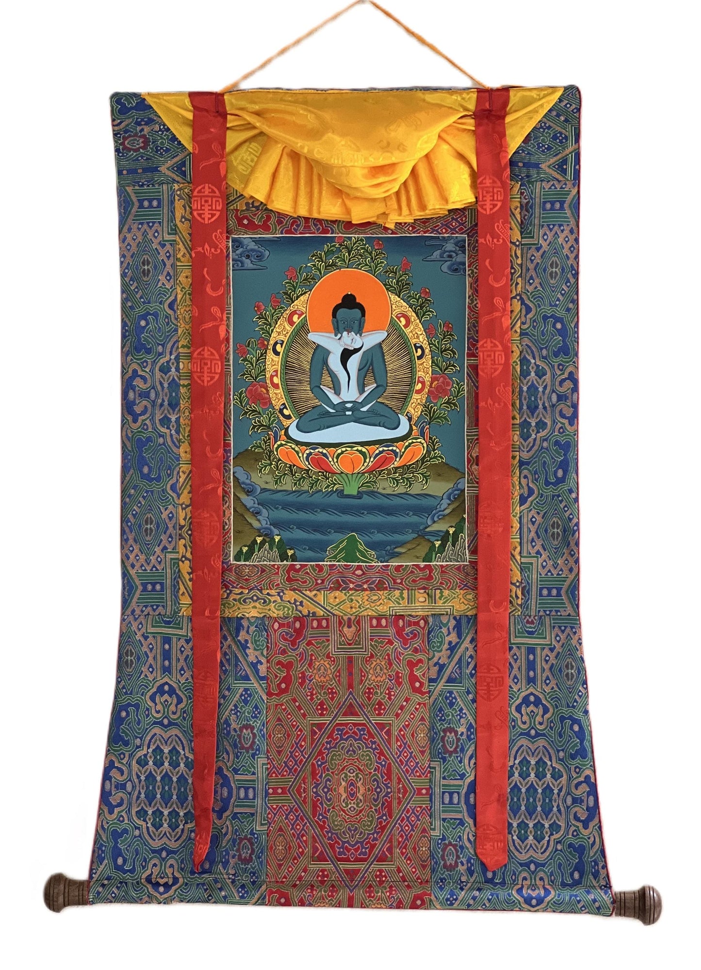 Hand-Painted Tibetan Buddha Thangka | Samantabhadra Yab-Yum Art with Brocade