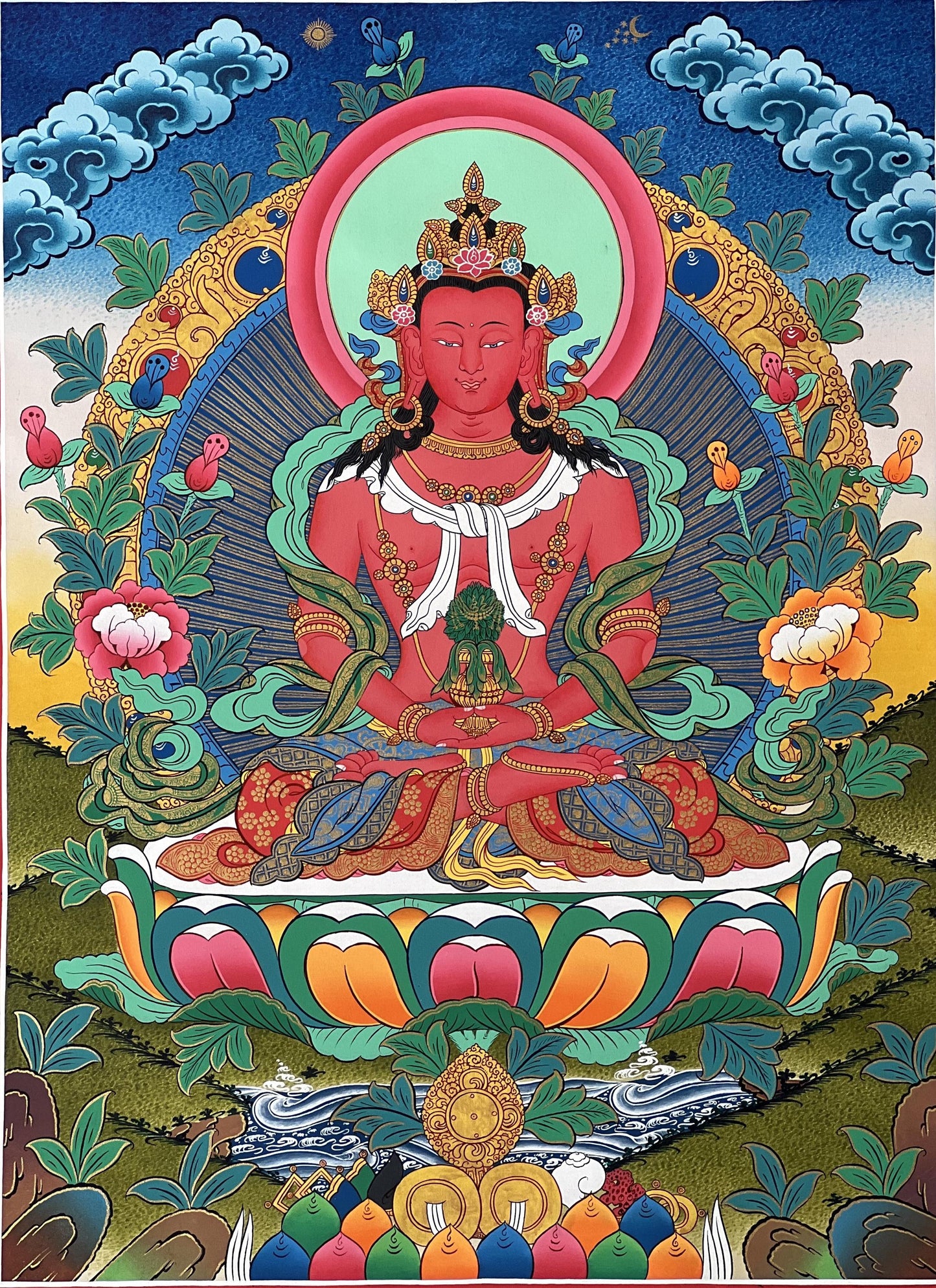 Hand-Painted Amitayus Buddha Thangka | Tibetan Longevity Deity Painting
