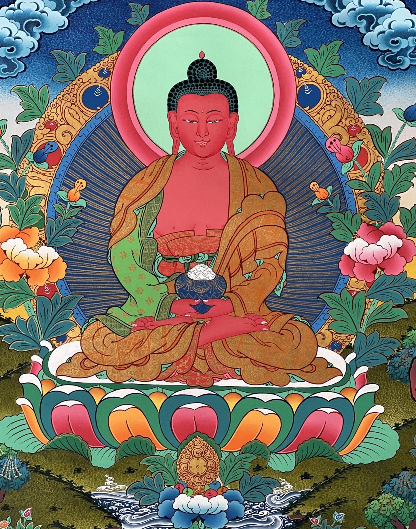 Hand-Painted Amitayus Buddha Thangka | Tibetan Longevity Deity Painting