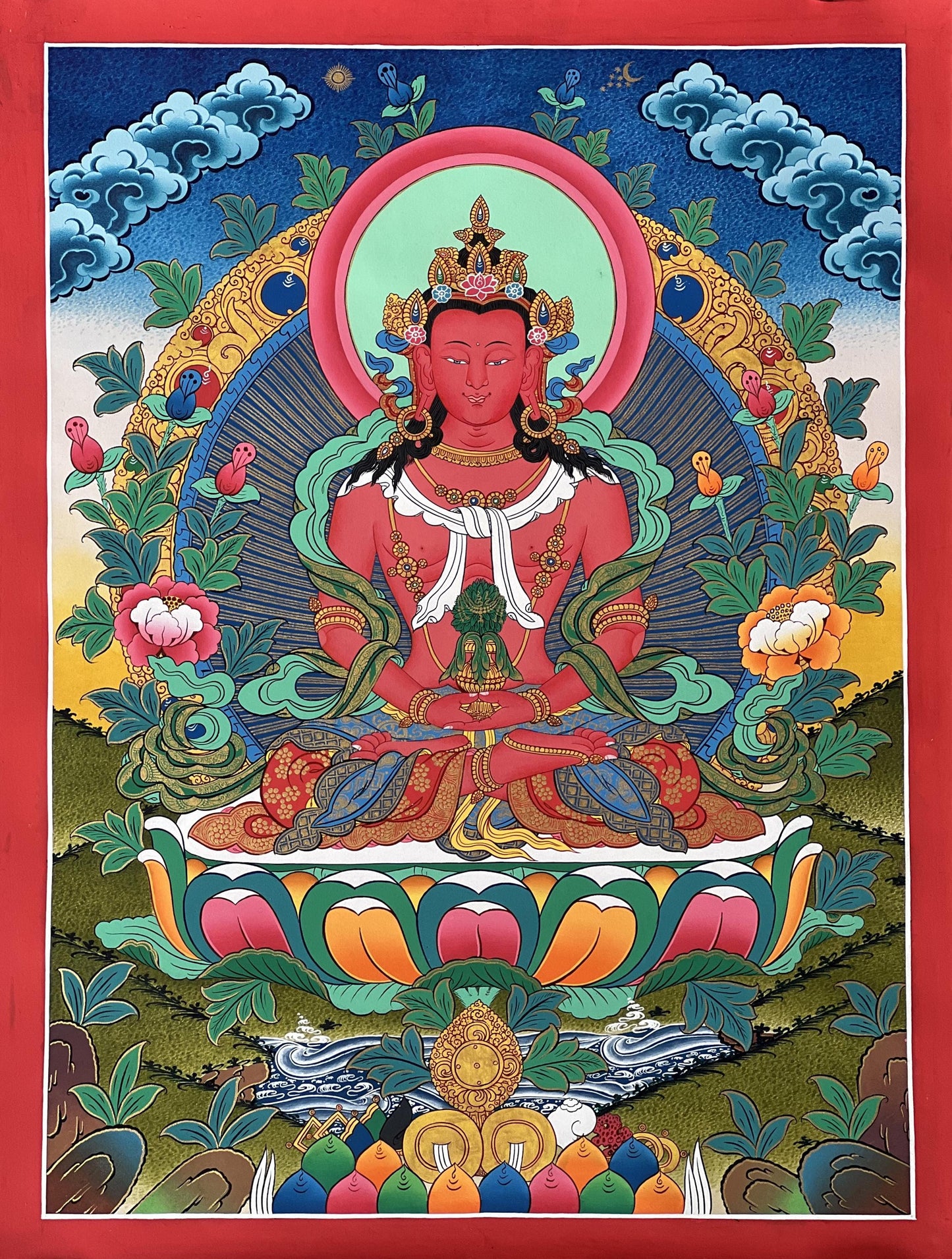 Hand-Painted Amitayus Buddha Thangka | Tibetan Longevity Deity Painting