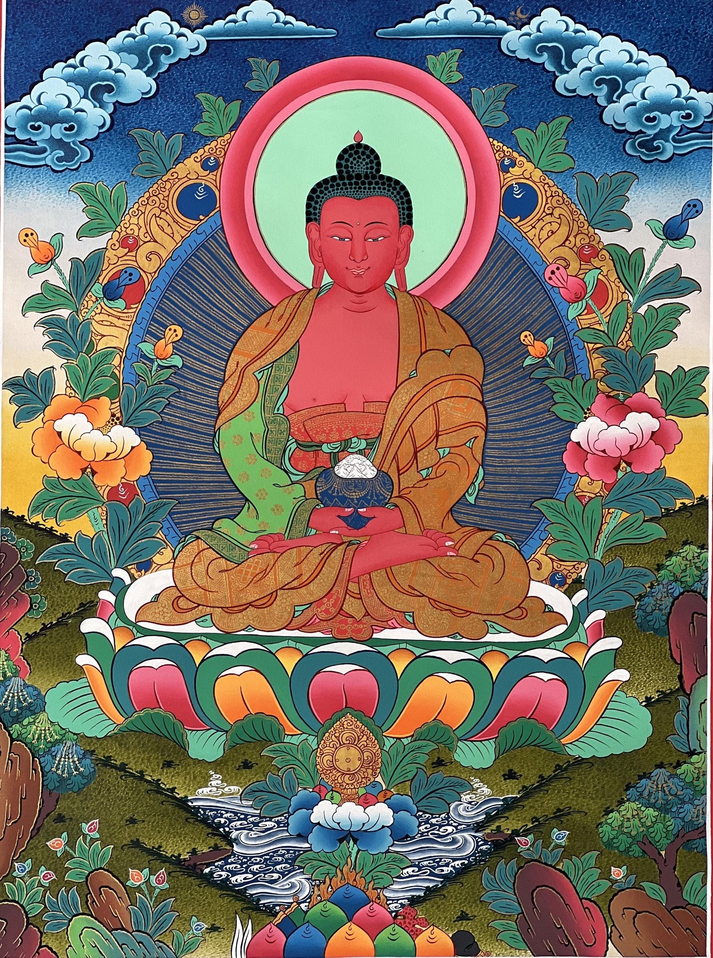 Hand-Painted Amitabha Buddha Thangka Painting – Tibetan Buddhist Spiritual Art