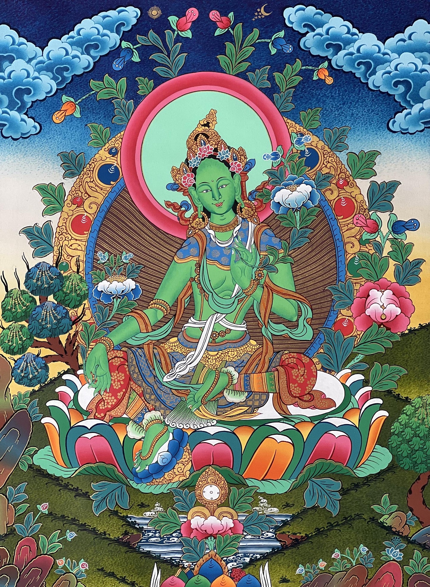 Hand-Painted Green Tara Thangka Painting – Tibetan Buddhist Goddess Art