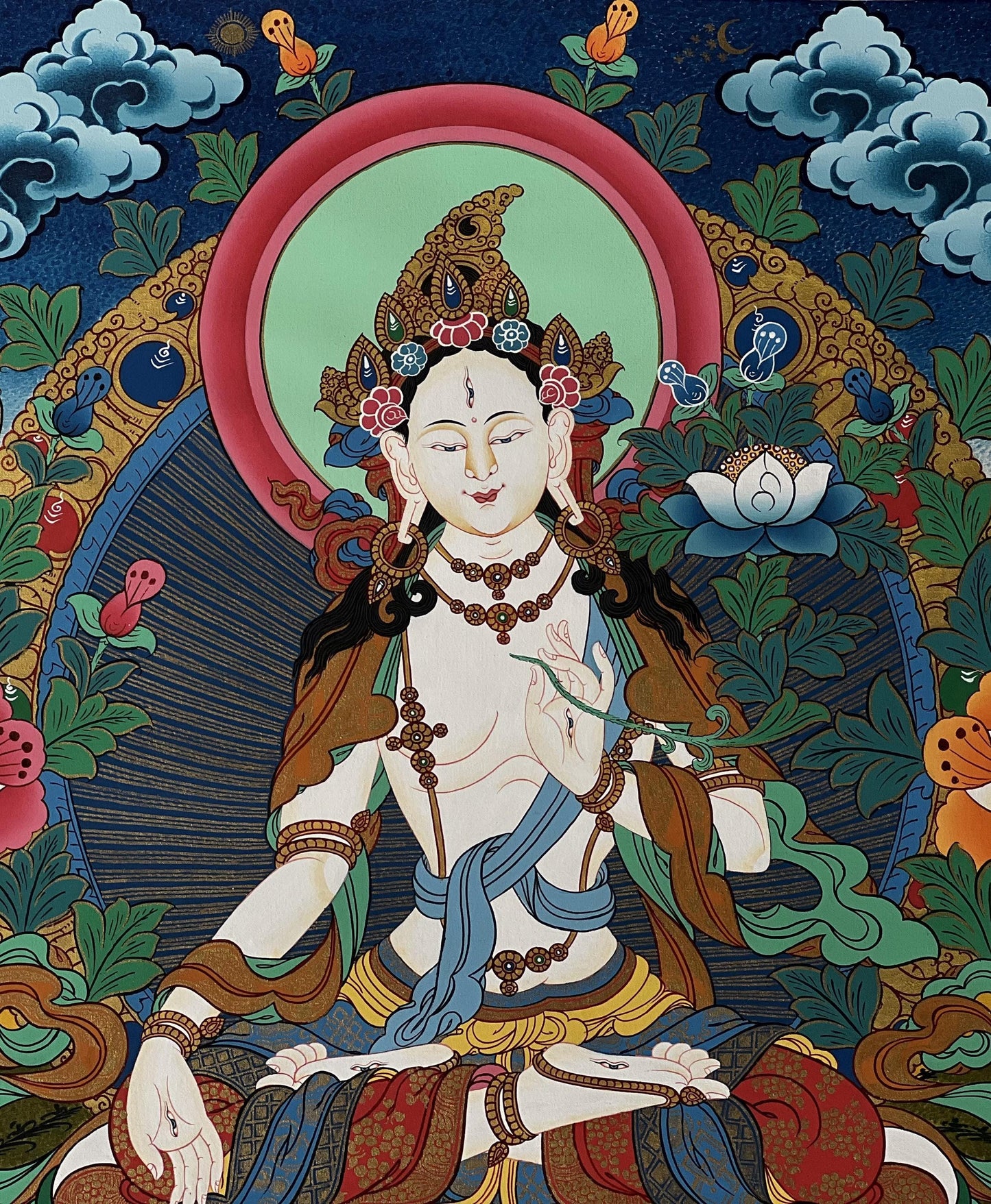 Hand-Painted White Tara Thangka | Tibetan Buddhist Art