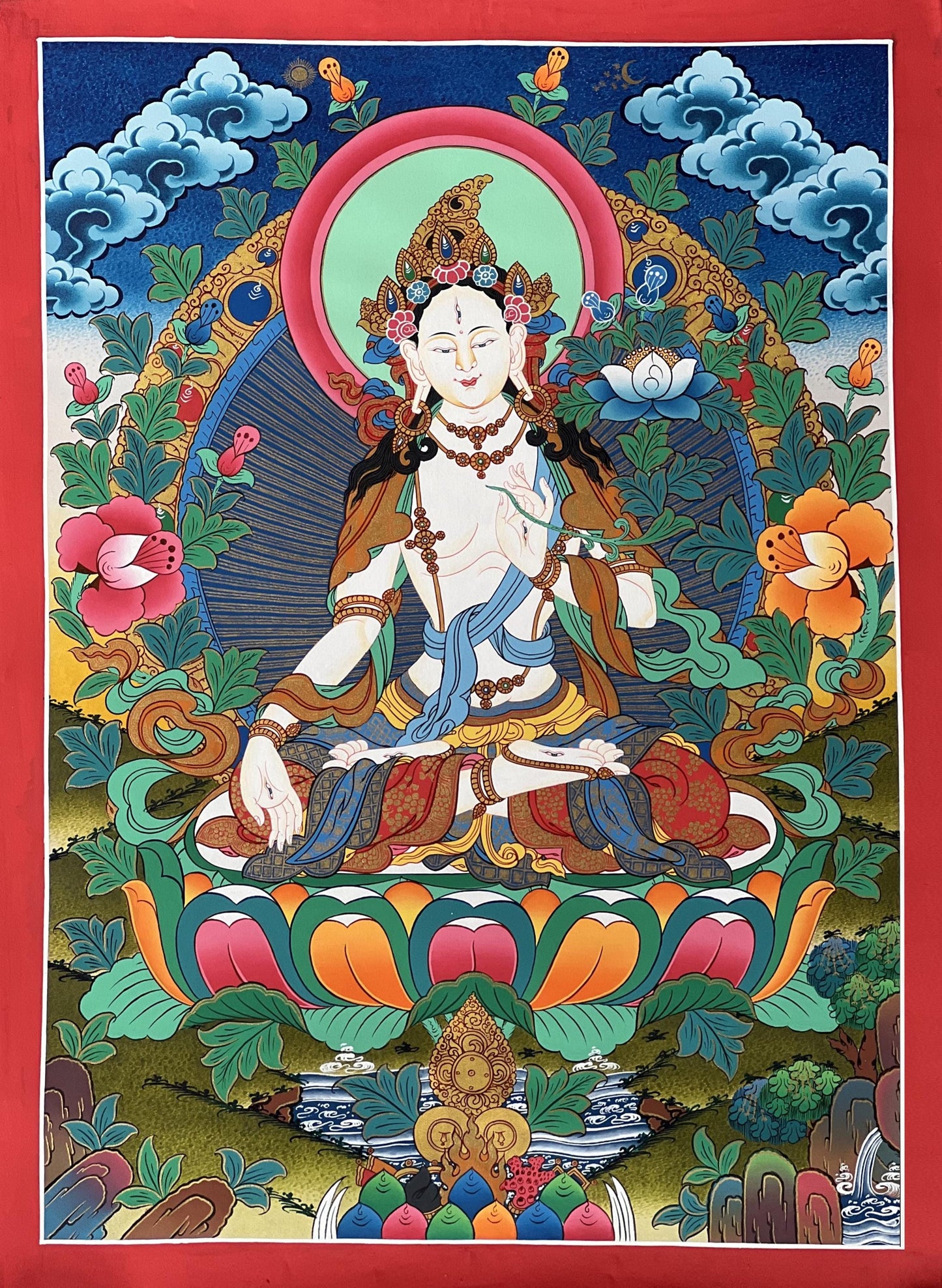 Hand-Painted White Tara Thangka | Tibetan Buddhist Art
