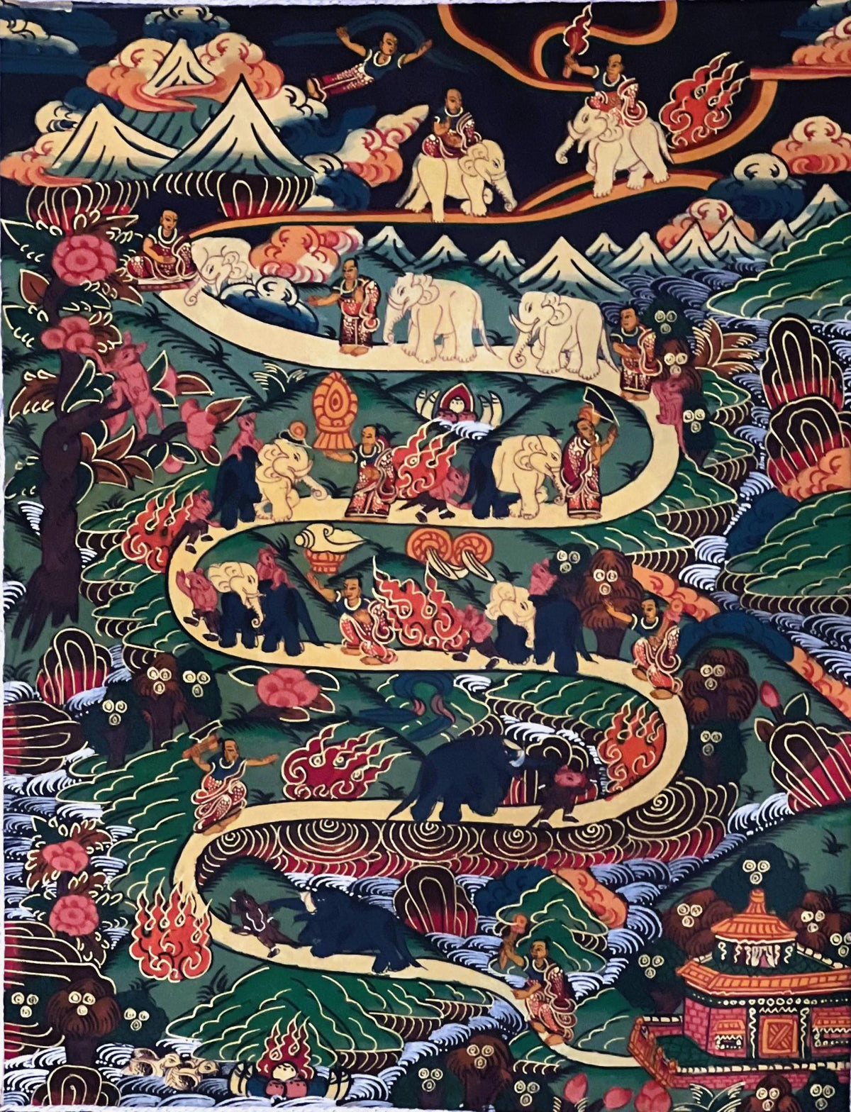Tibetan Thangka Painting: Samatha Meditation - Way to Nirvana Art with Silk Brocade