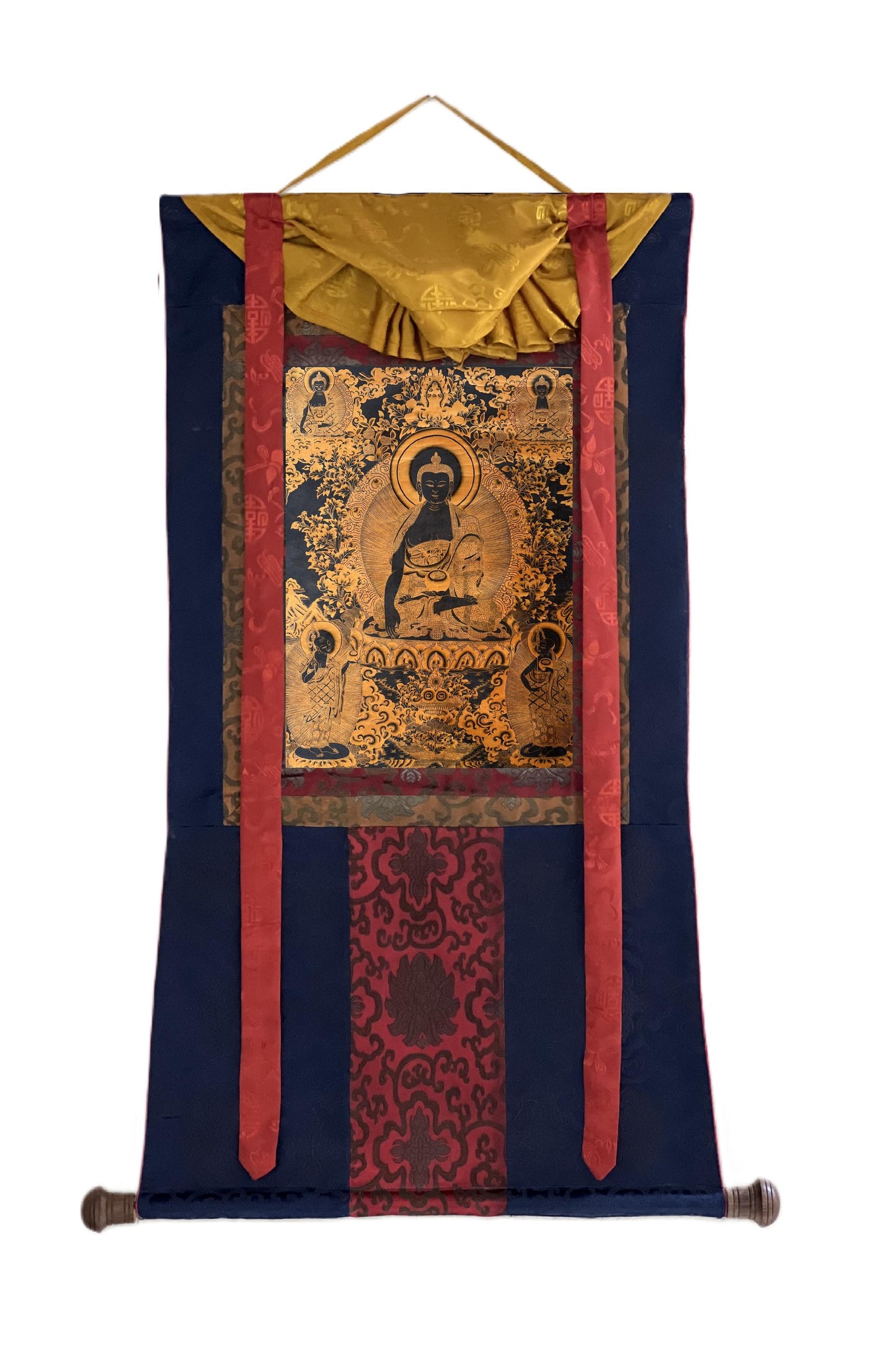 Hand-Painted Medicine Buddha Thangka – Black & Gold Tibetan Healing Art with Silk
