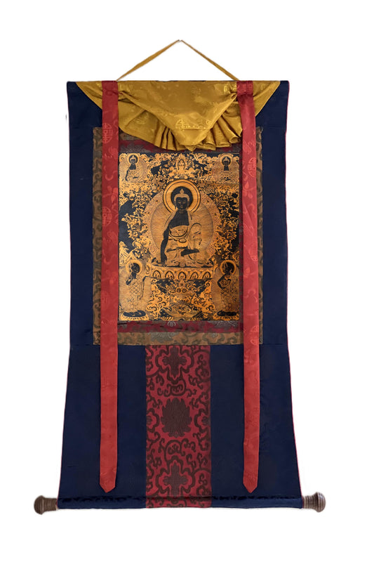 Hand-Painted Medicine Buddha Thangka – Black & Gold Tibetan Healing Art with Silk