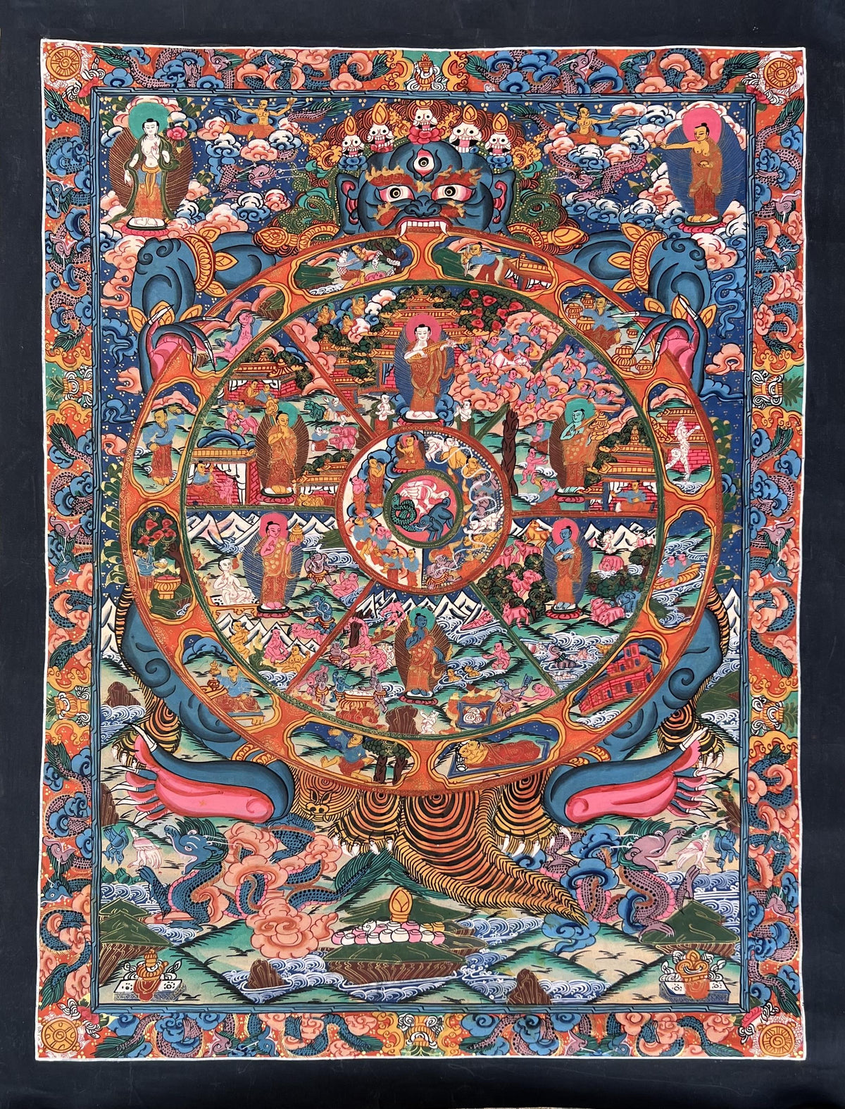 Hand-Painted Samsara Wheel of Life Thangka: Tibetan Buddhist Bhavachakra Mandala Art