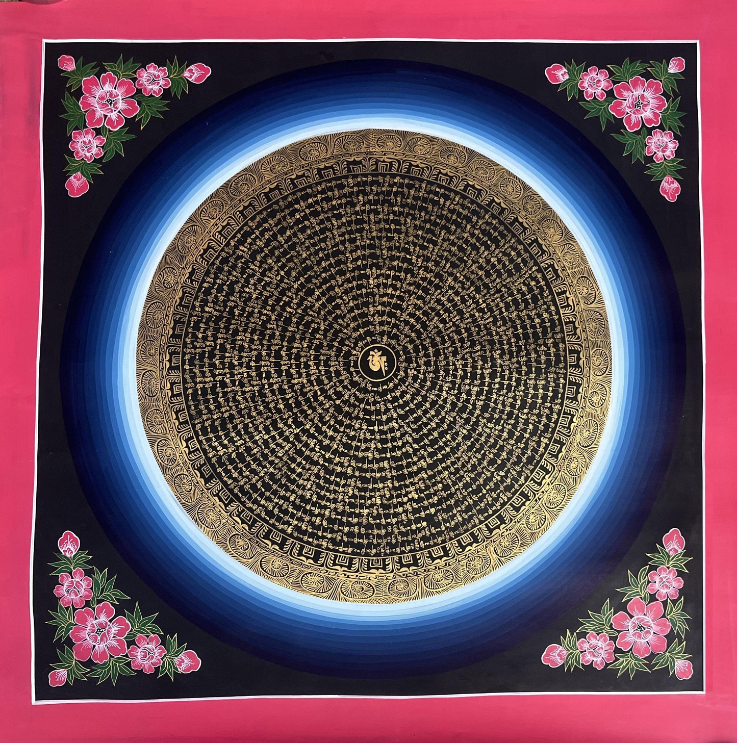 Hand-Painted Om Mantra Mandala Thangka | Tibetan Meditation Art