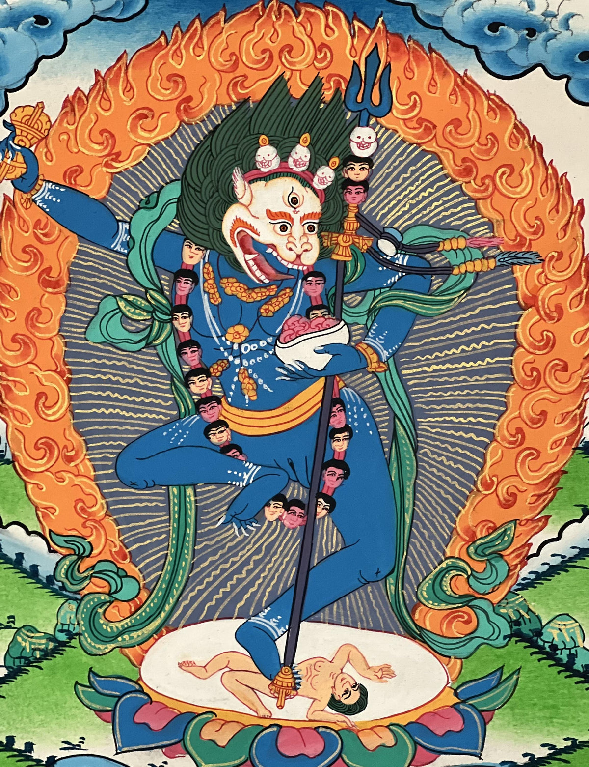 Simhamukhi Thangka Painting: Lion Face Dakini, Tibetan Buddhist Art with Silk Brocade
