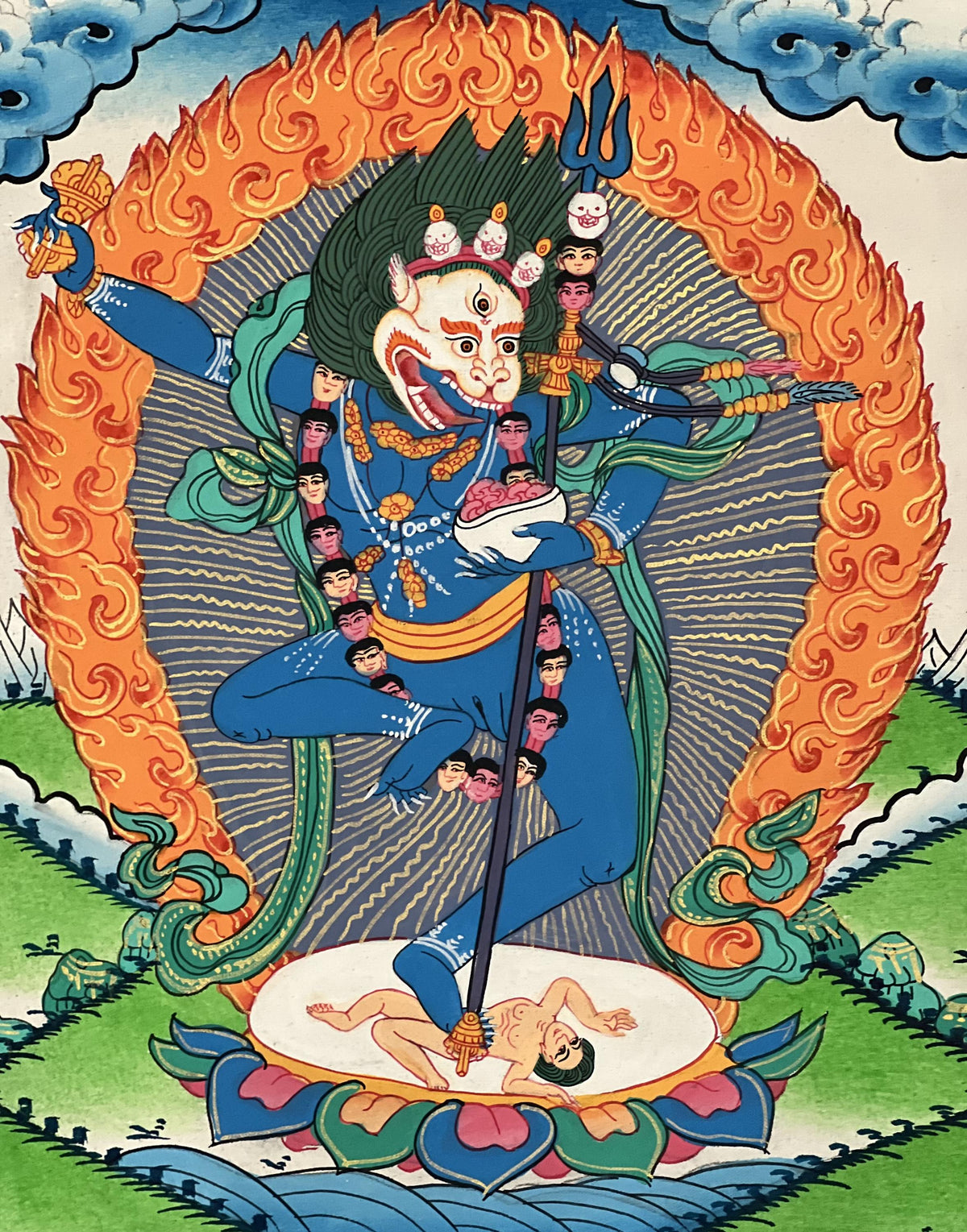 Simhamukhi Thangka Painting: Lion Face Dakini, Tibetan Buddhist Art with Silk Brocade