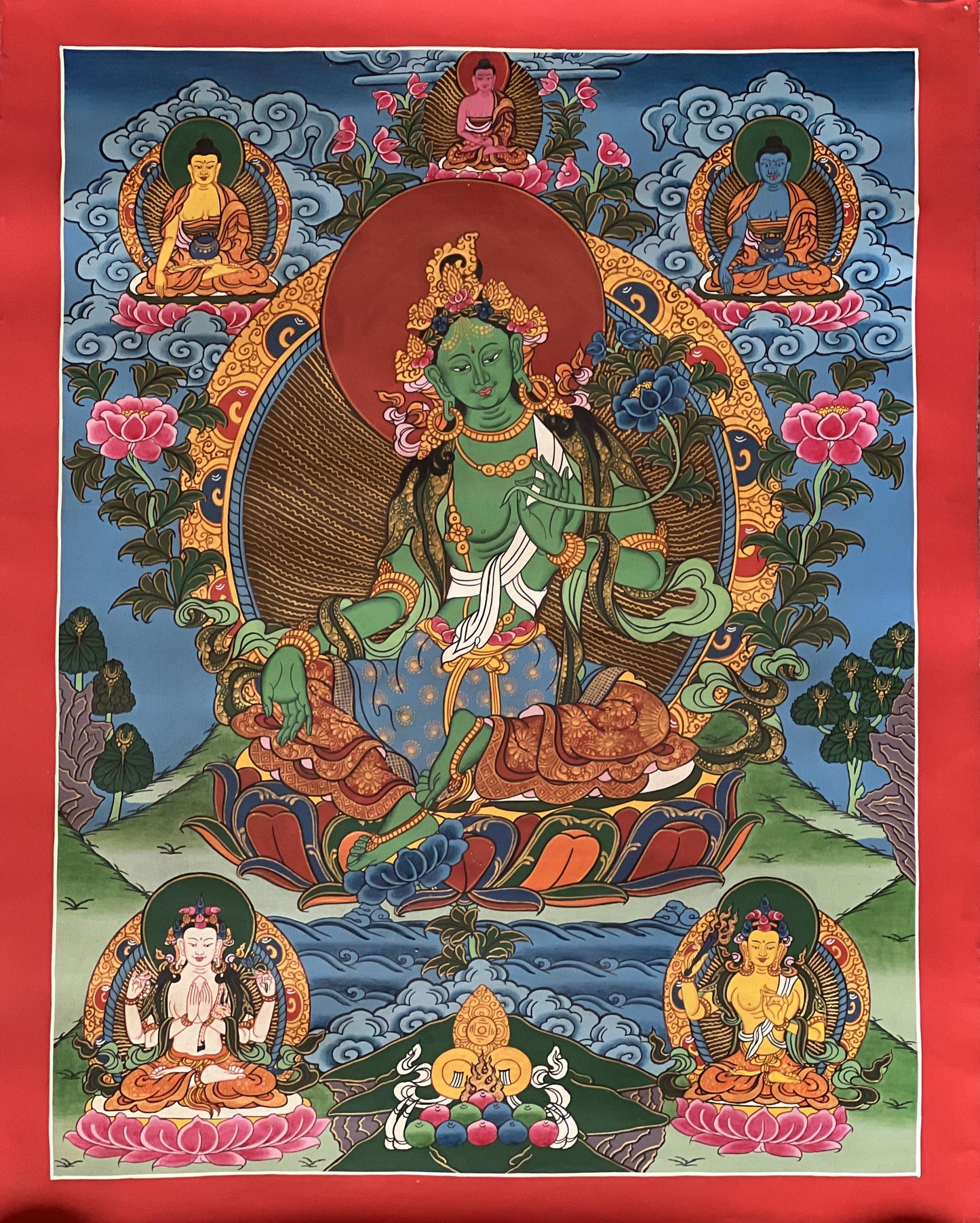 Hand-Painted Green Tara Thangka – Tibetan Goddess Art on Cotton Canvas