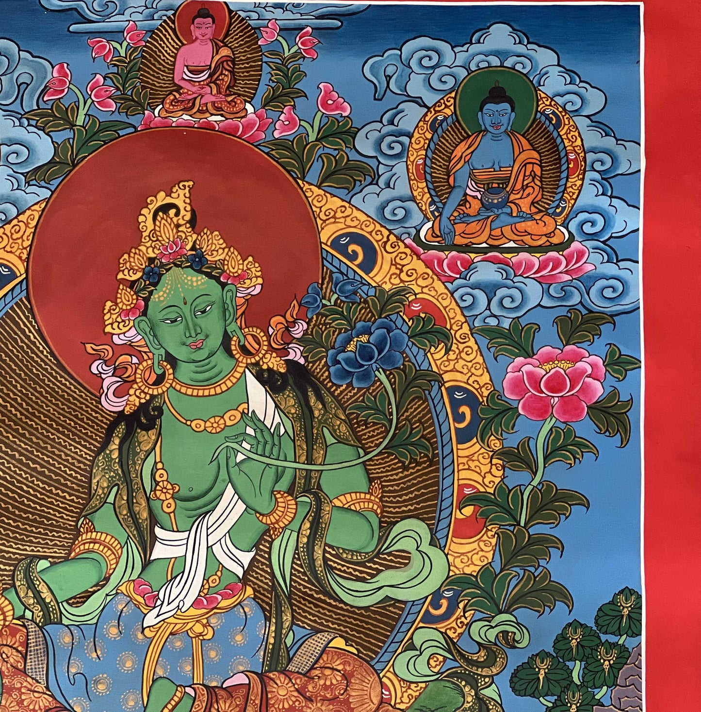 Hand-Painted Green Tara Thangka – Tibetan Goddess Art on Cotton Canvas