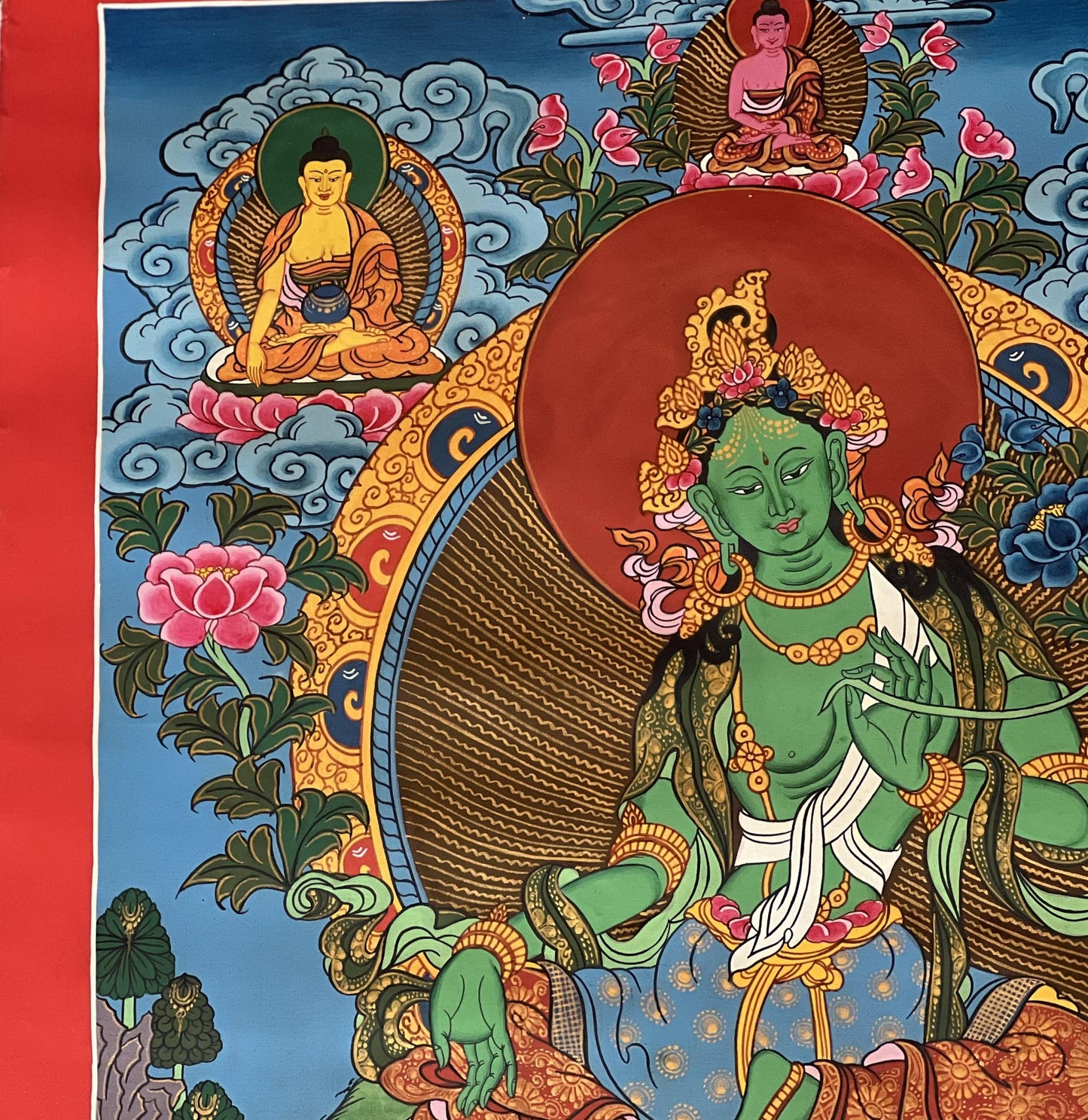 Hand-Painted Green Tara Thangka – Tibetan Goddess Art on Cotton Canvas