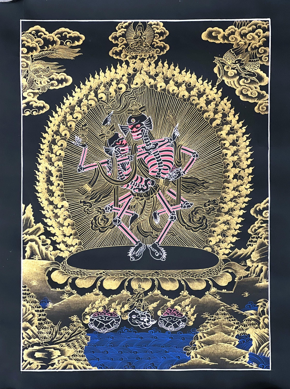 Hand-Painted Citipati Thangka: Tibetan Dancing Skeletons on Cotton Canvas