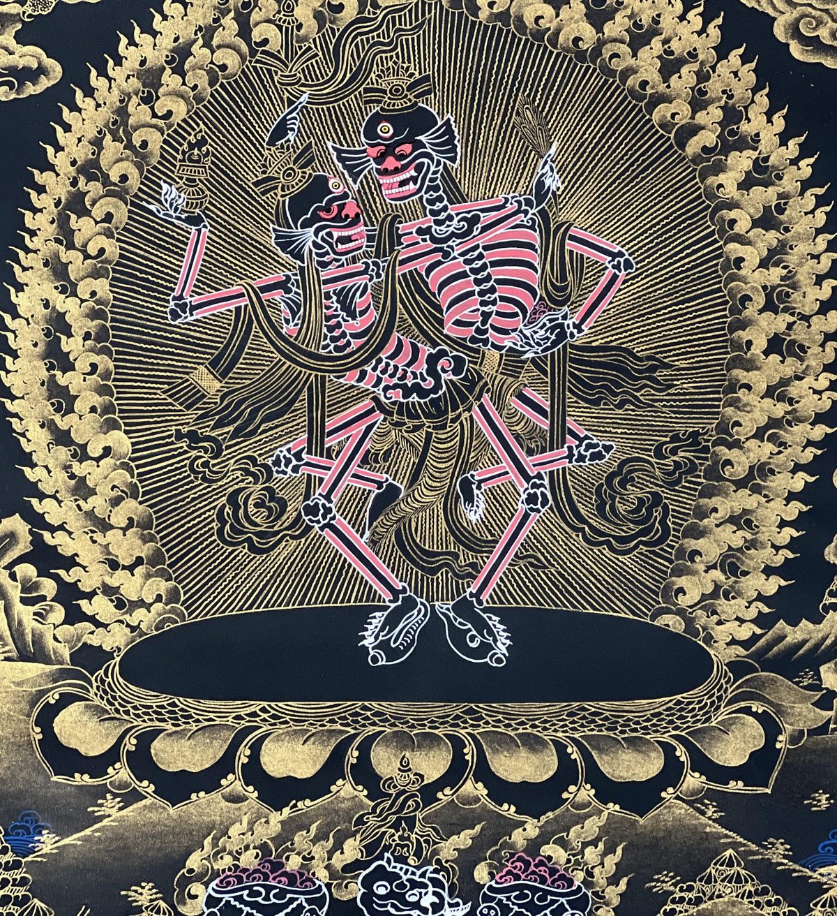 Hand-Painted Citipati Thangka: Tibetan Dancing Skeletons on Cotton Canvas