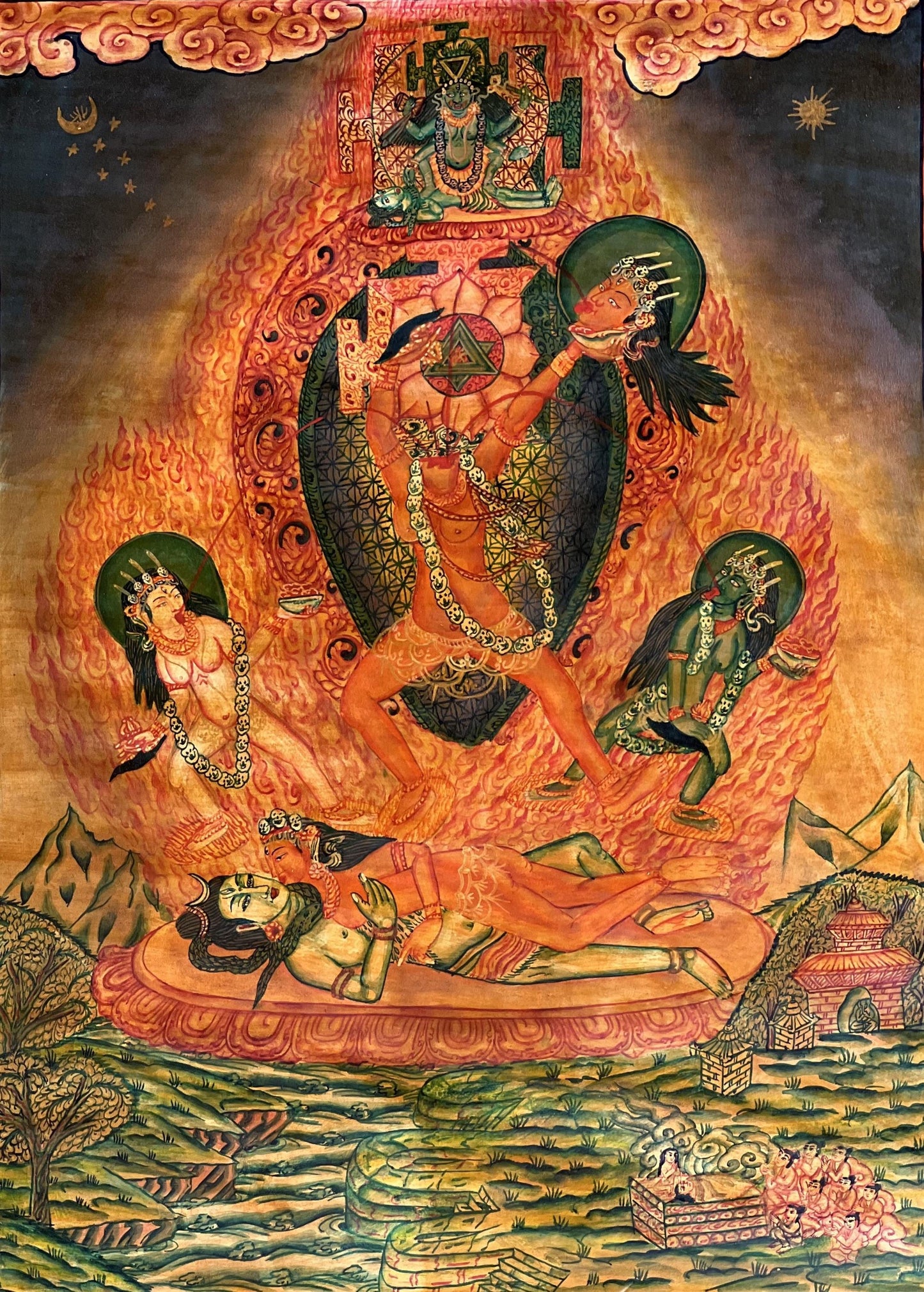 Hand-Painted Chhinnamasta Thangka | Newari Paubha, Silk Brocade Frame