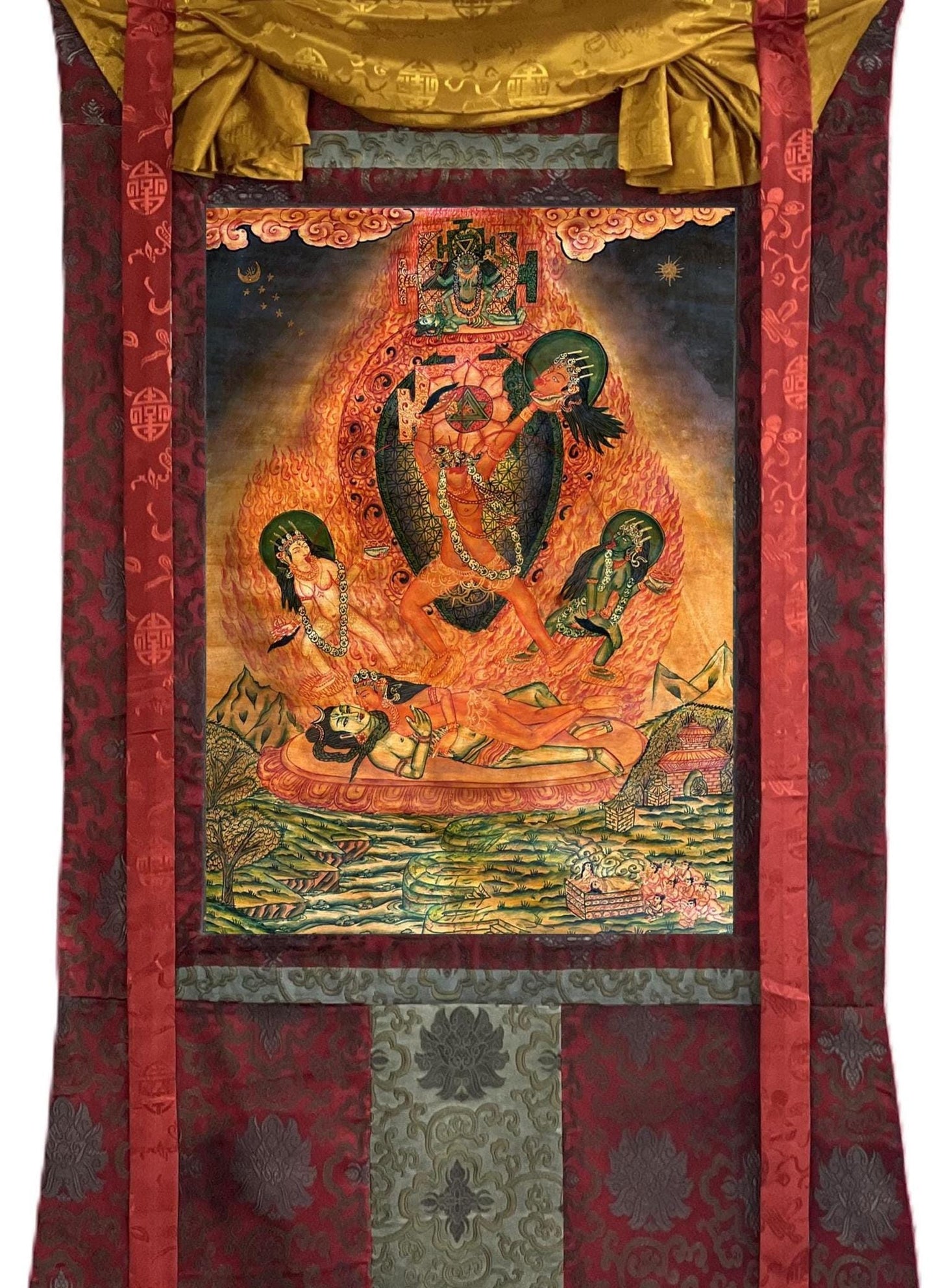 Hand-Painted Chhinnamasta Thangka | Newari Paubha, Silk Brocade Frame