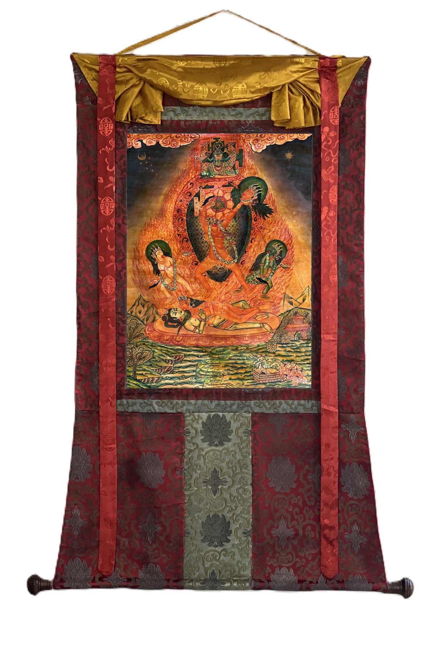 Hand-Painted Chhinnamasta Thangka | Newari Paubha, Silk Brocade Frame