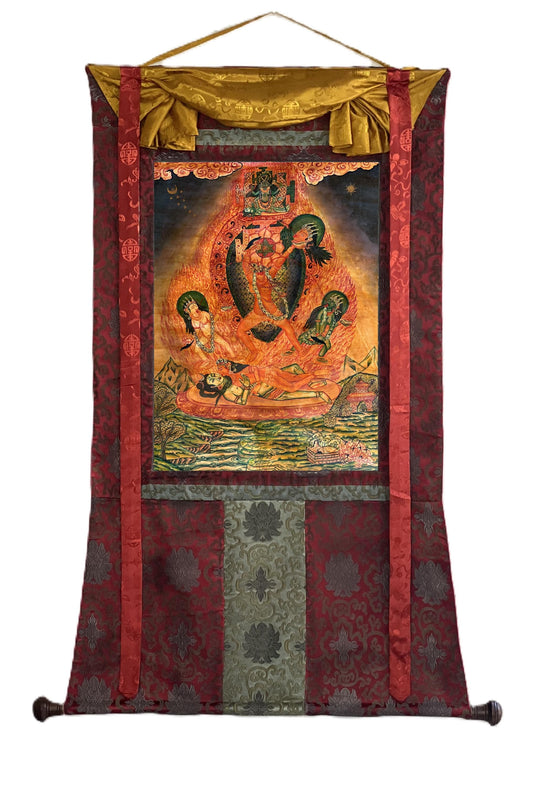 Hand-Painted Chhinnamasta Thangka | Newari Paubha, Silk Brocade Frame
