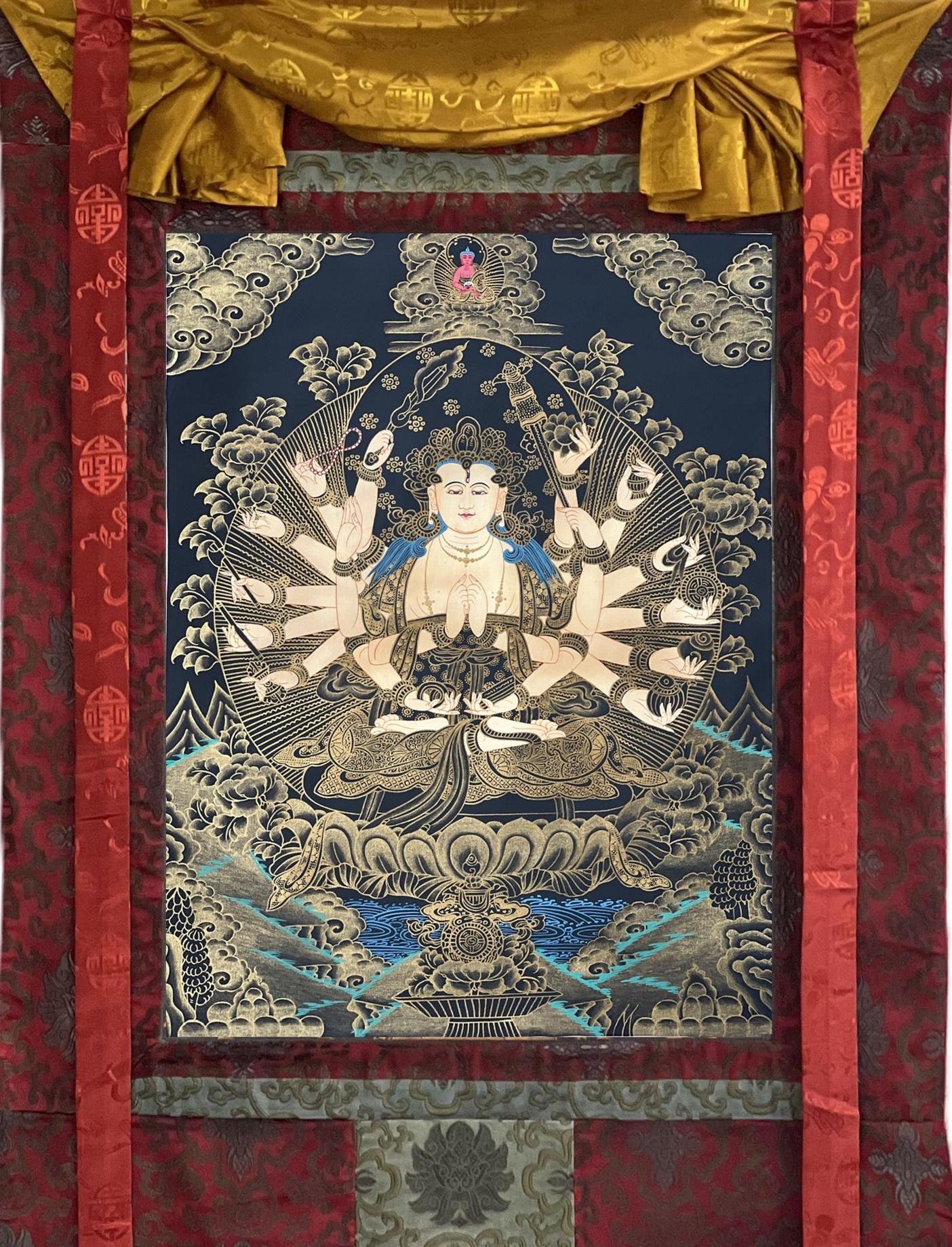 Hand-Painted Chandi Thangka Painting, Framed Silk Brocade, Tibetan Goddess Decor