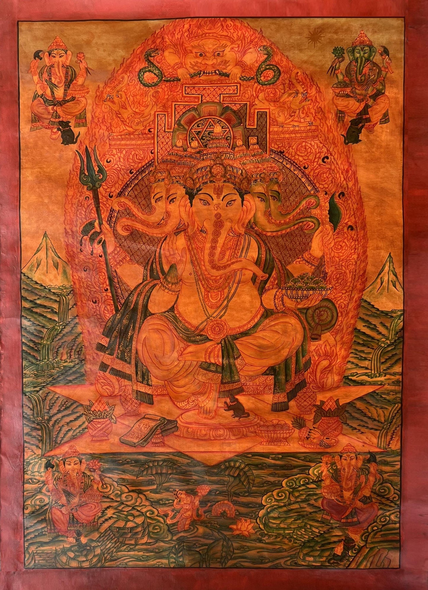 Large Panchamukhi Ganesha Thangka – Five-Faced Ganapati Newari Paubha Art