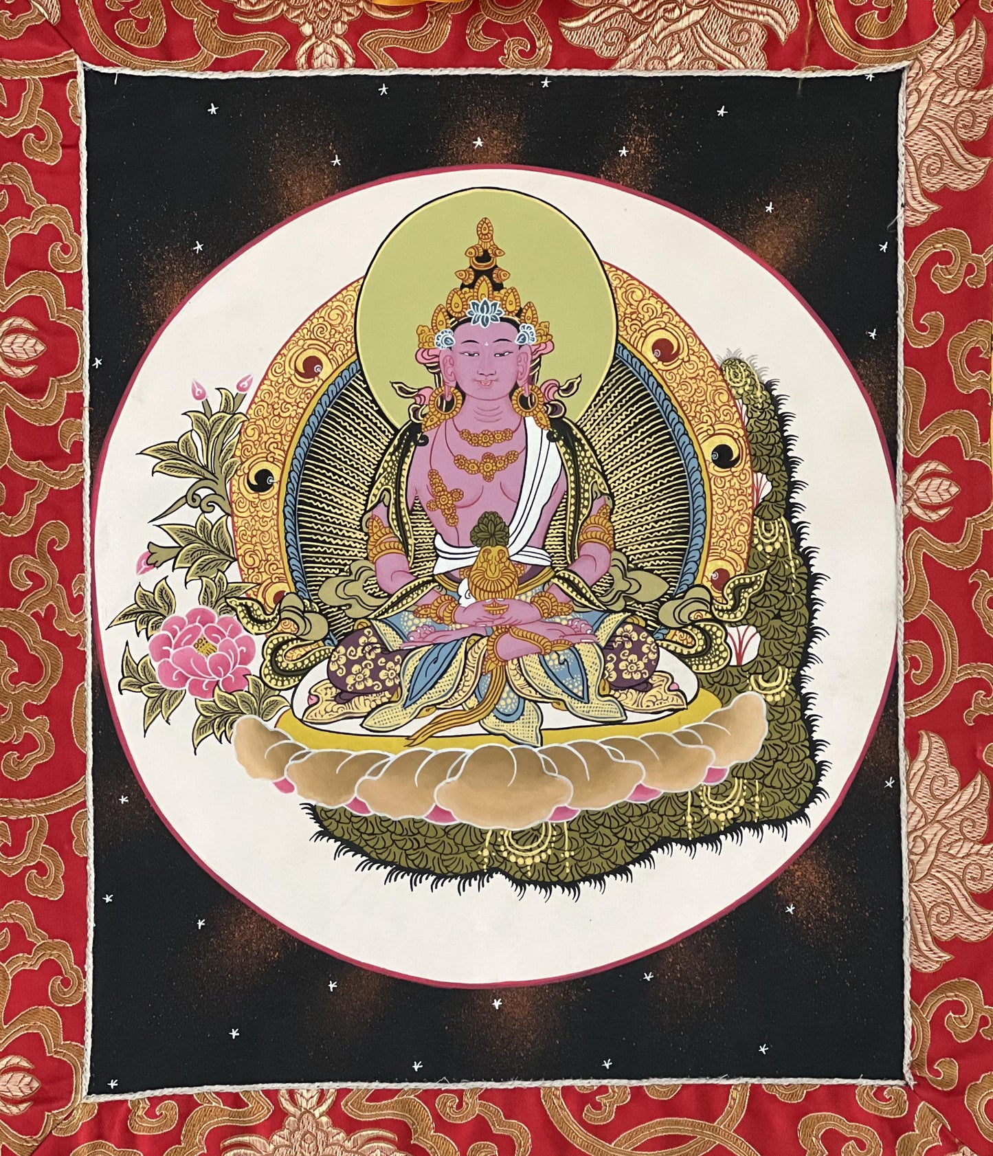 Hand-Painted Amitayus Buddha Thangka | Silk Brocade Tibetan Wall Hanging