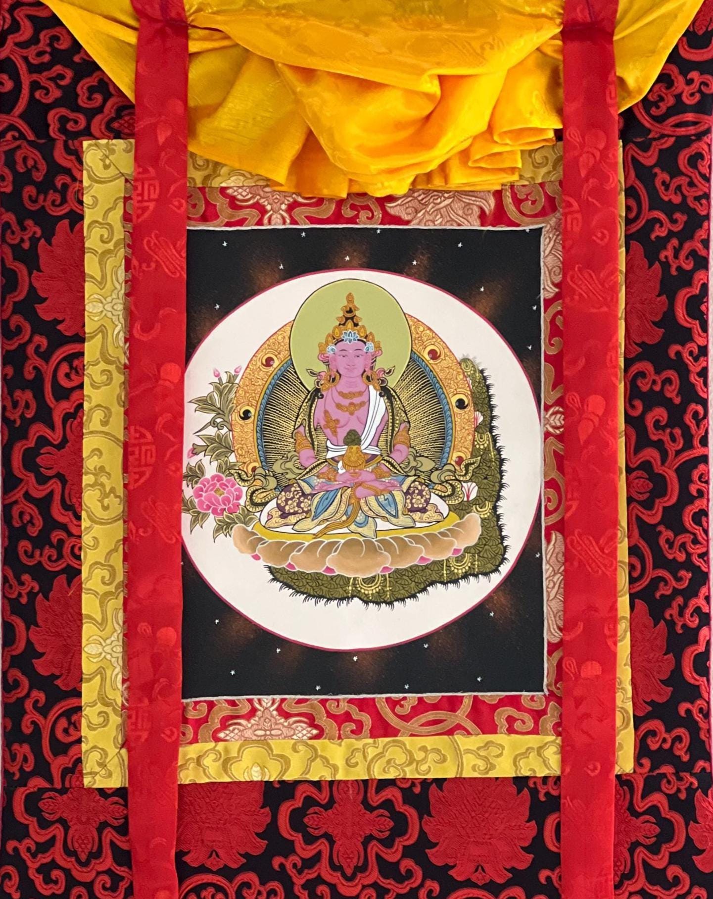 Hand-Painted Amitayus Buddha Thangka | Silk Brocade Tibetan Wall Hanging