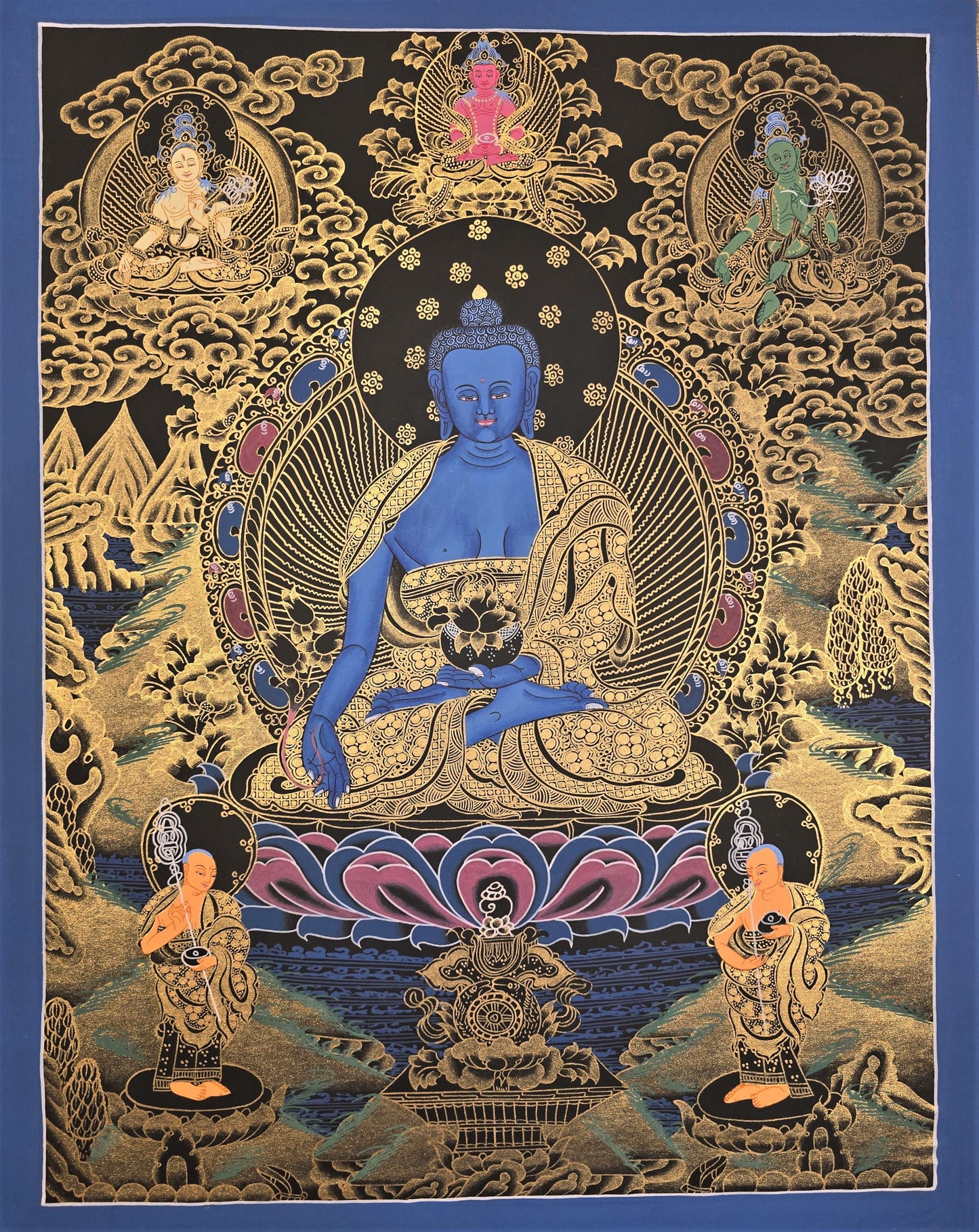 Medicine Buddha Tibetan Thangka – Hand-Painted Bhaisajyaguru Healing Art on Cotton Canvas