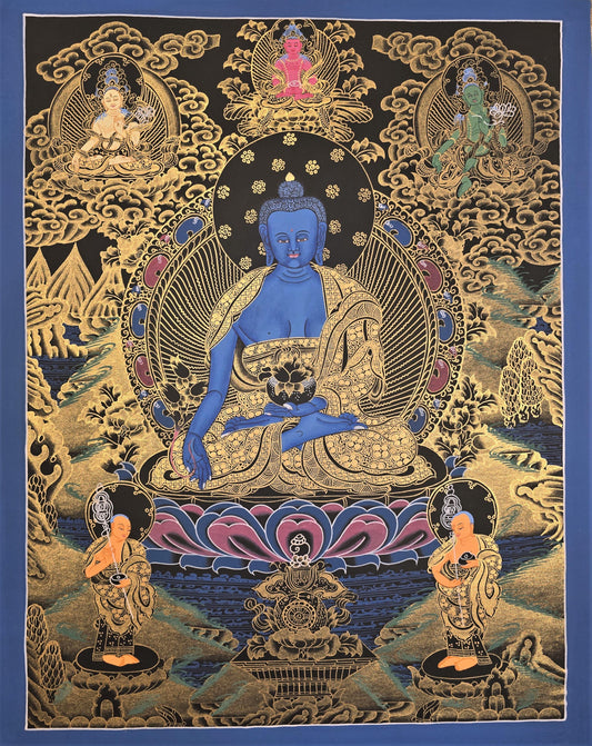 Medicine Buddha Tibetan Thangka – Hand-Painted Bhaisajyaguru Healing Art on Cotton Canvas