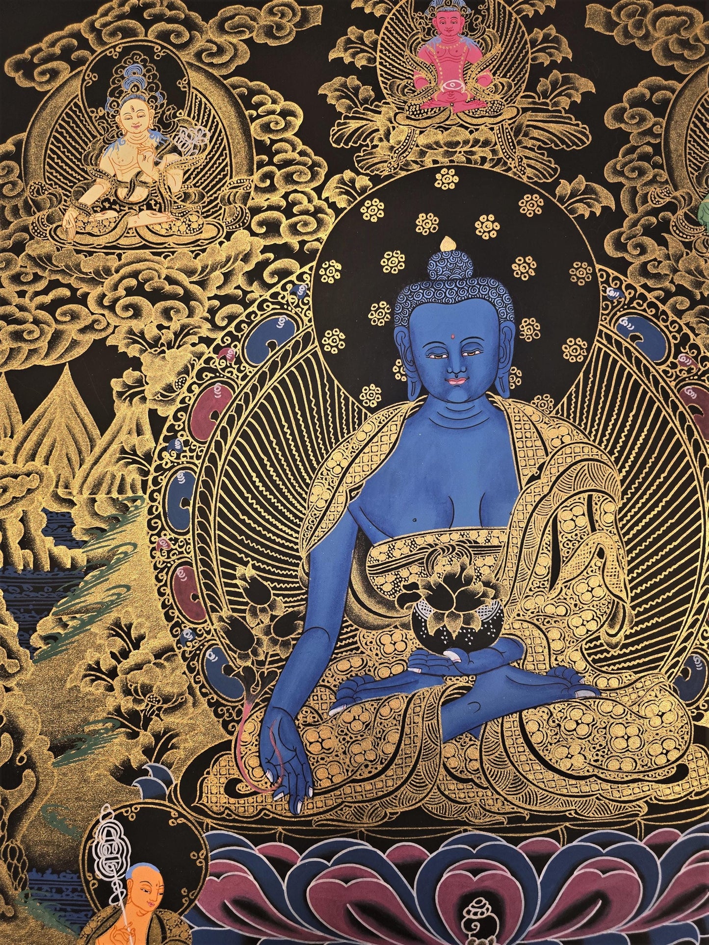 Medicine Buddha Tibetan Thangka – Hand-Painted Bhaisajyaguru Healing Art on Cotton Canvas