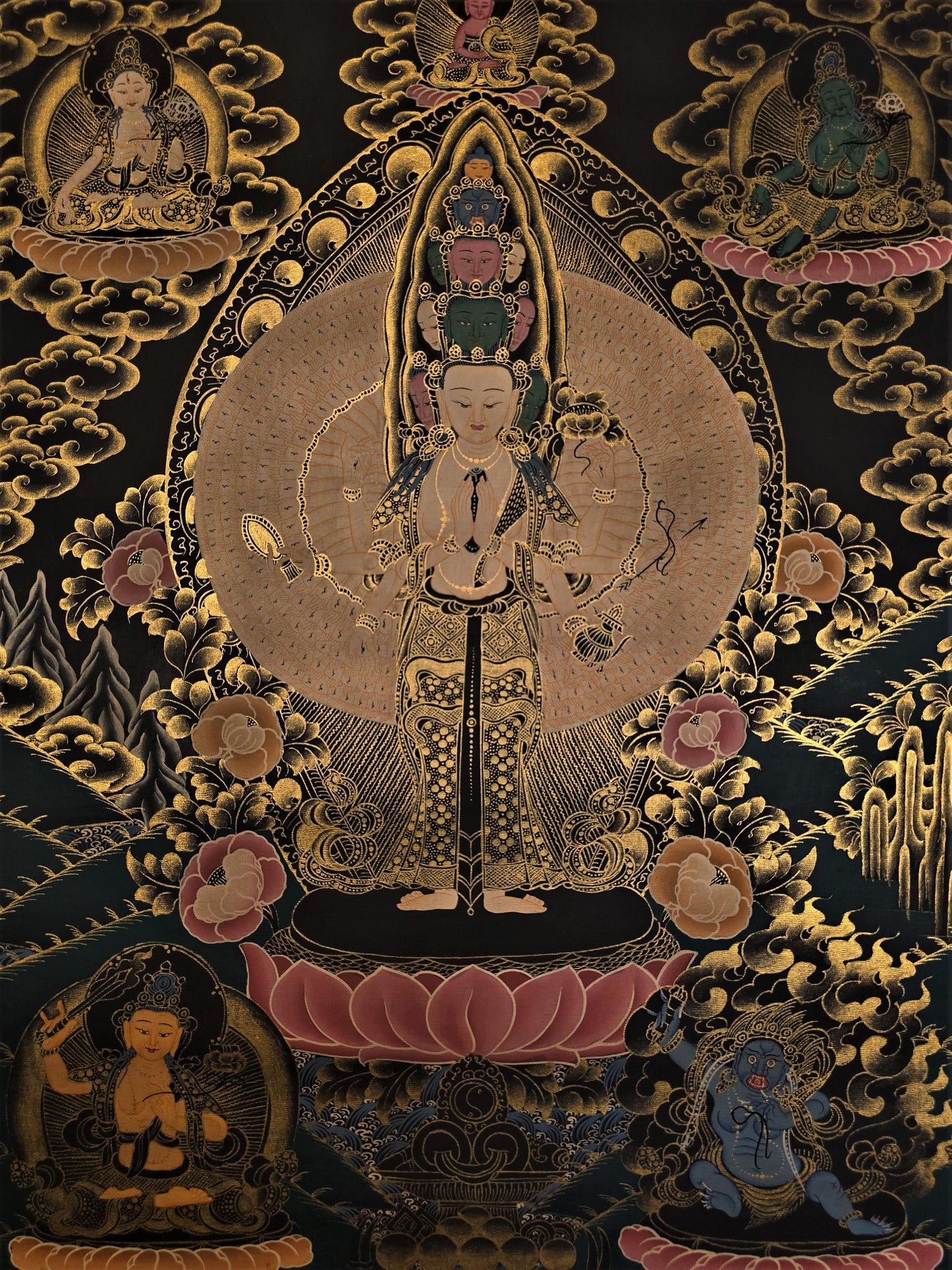 Hand-Painted Avalokiteshvara Thangka - 1000 Armed Tibetan Compassion & Meditation Masterpiece - Unique SAHASRABHUJA Artwork
