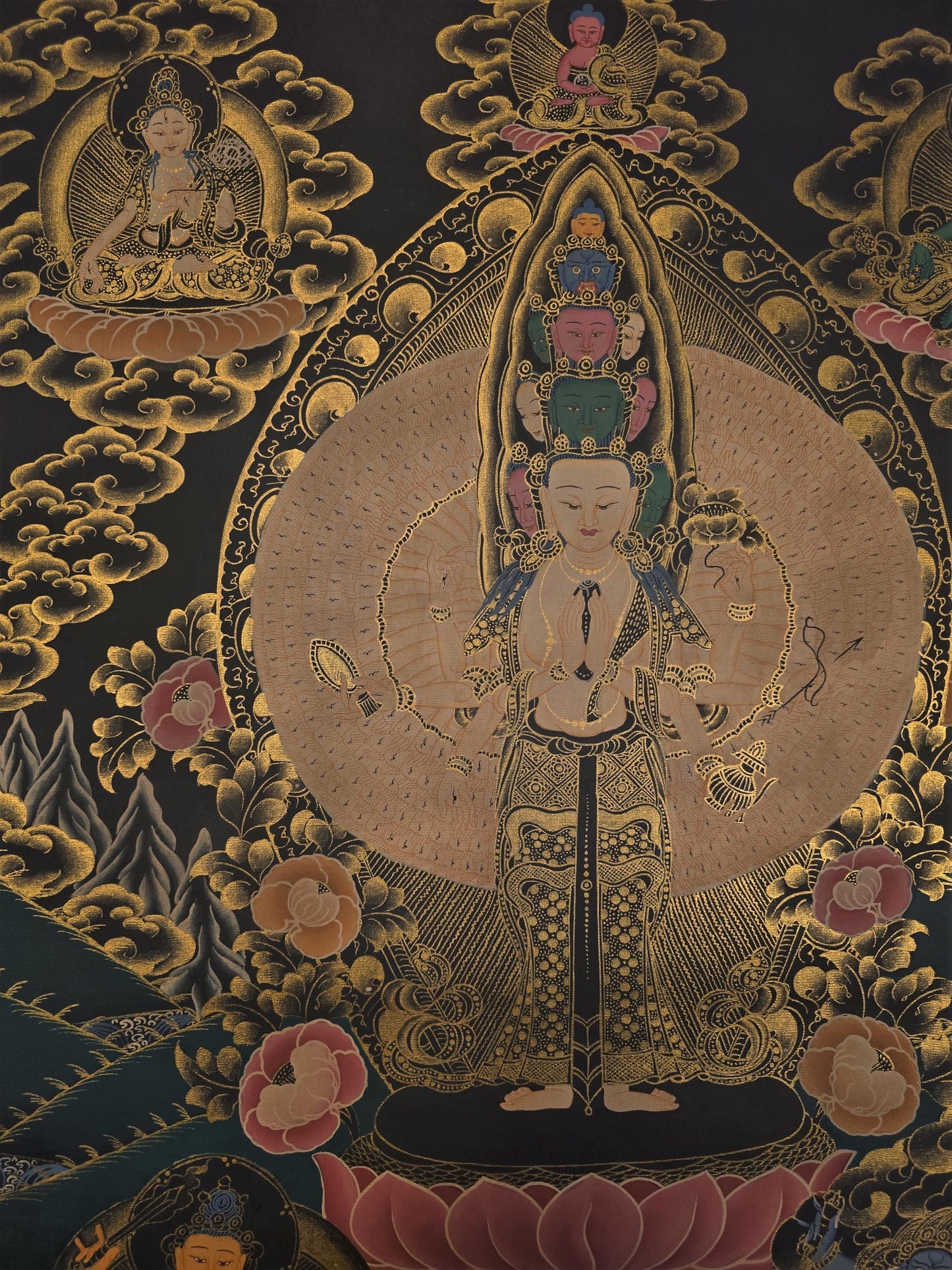Hand-Painted Avalokiteshvara Thangka - 1000 Armed Tibetan Compassion & Meditation Masterpiece - Unique SAHASRABHUJA Artwork