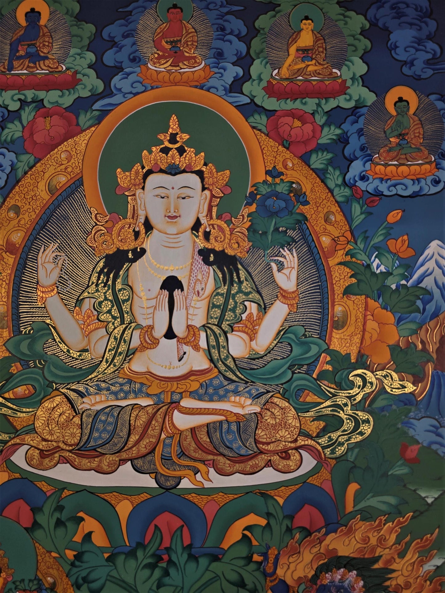Hand-Painted Avalokiteshvara Thangka | Compassion Buddha Wall Hanging | Tibetan Meditation Art | Original Masterpiece
