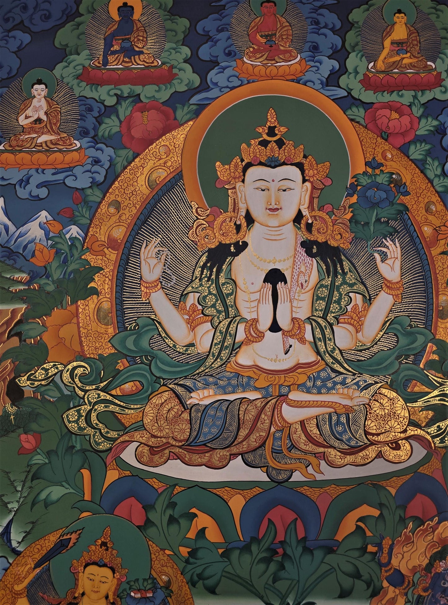Hand-Painted Avalokiteshvara Thangka | Compassion Buddha Wall Hanging | Tibetan Meditation Art | Original Masterpiece