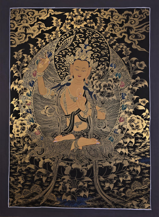 Hand-Painted Manjushri Thangka | Tibetan Bodhisattva Art | Divine Wisdom Wall Decor | Master Quality Buddhist Painting