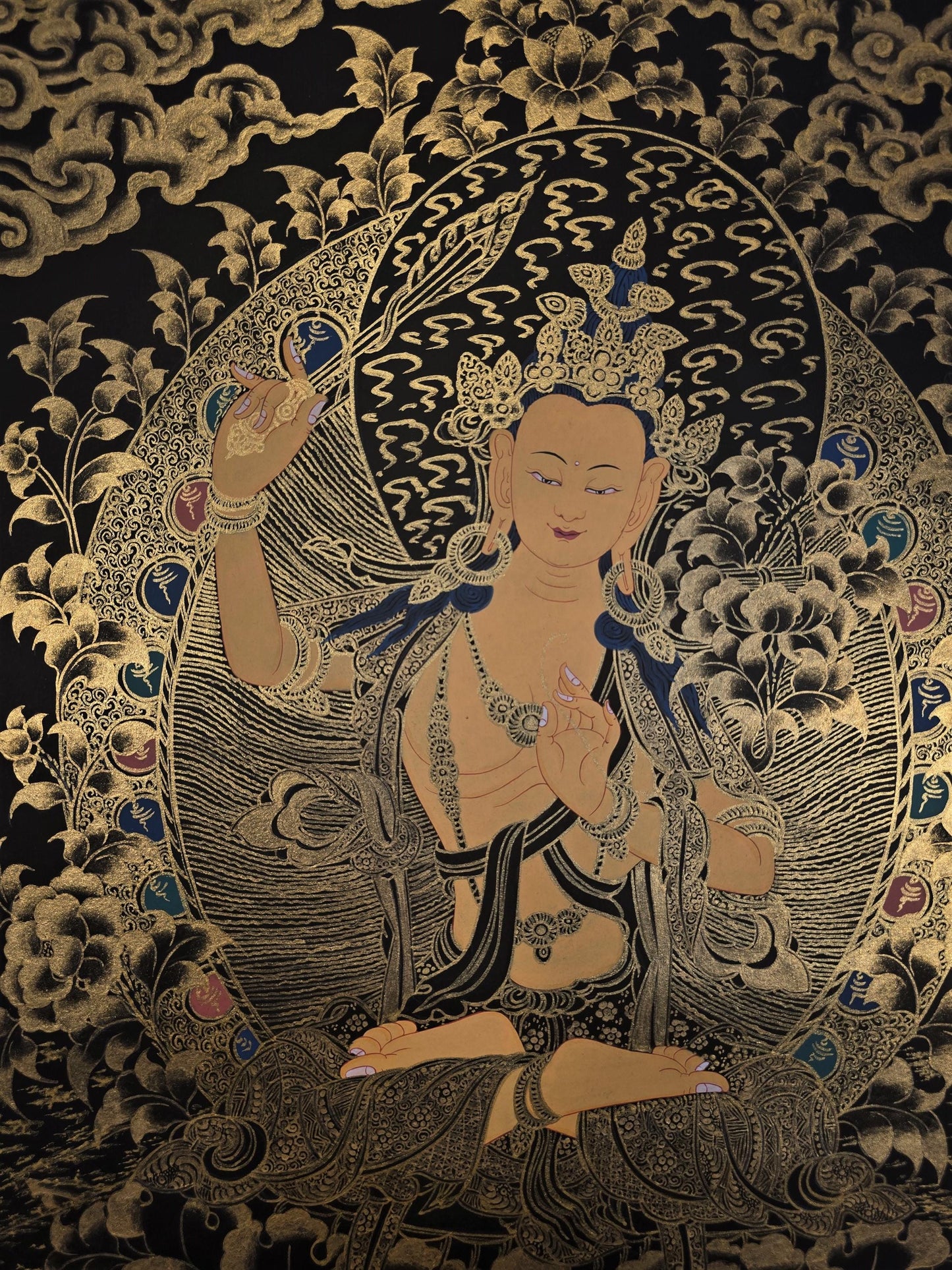 Hand-Painted Manjushri Thangka | Tibetan Bodhisattva Art | Divine Wisdom Wall Decor | Master Quality Buddhist Painting