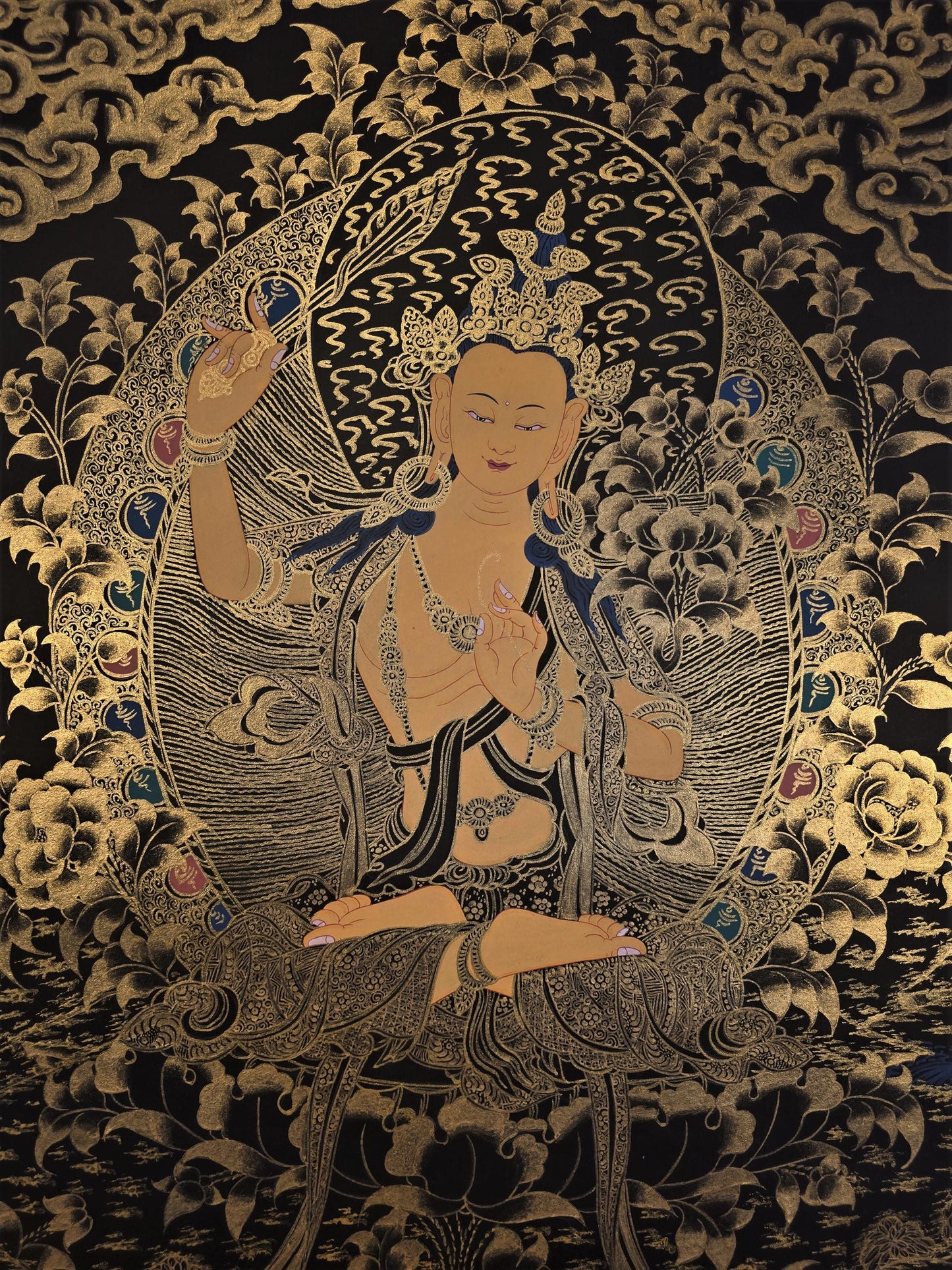 Hand-Painted Manjushri Thangka | Tibetan Bodhisattva Art | Divine Wisdom Wall Decor | Master Quality Buddhist Painting