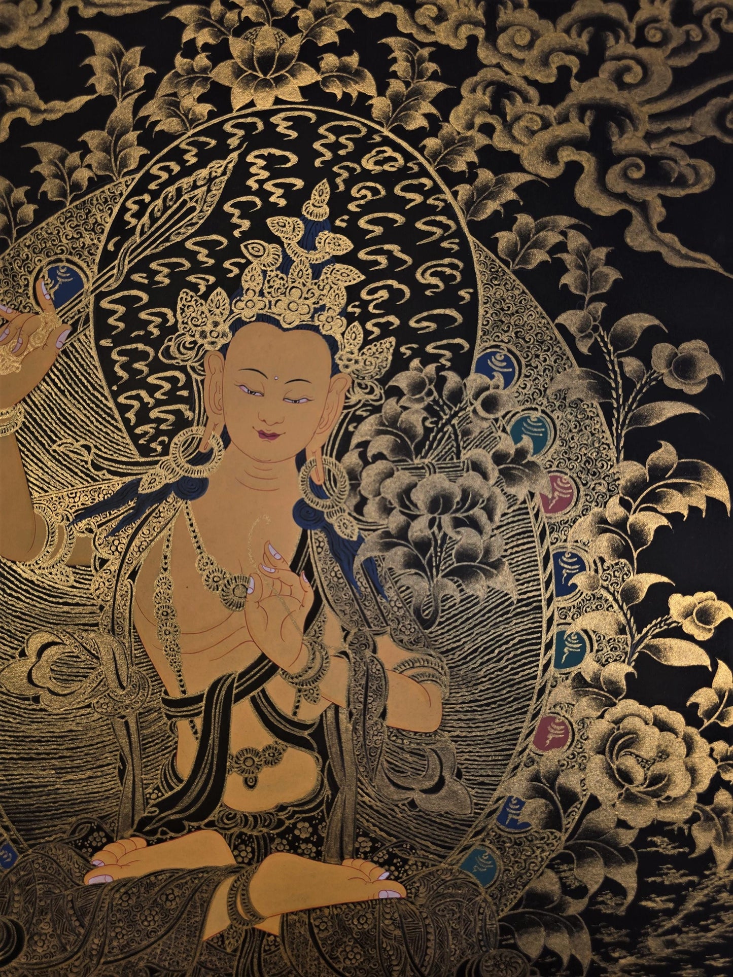 Hand-Painted Manjushri Thangka | Tibetan Bodhisattva Art | Divine Wisdom Wall Decor | Master Quality Buddhist Painting