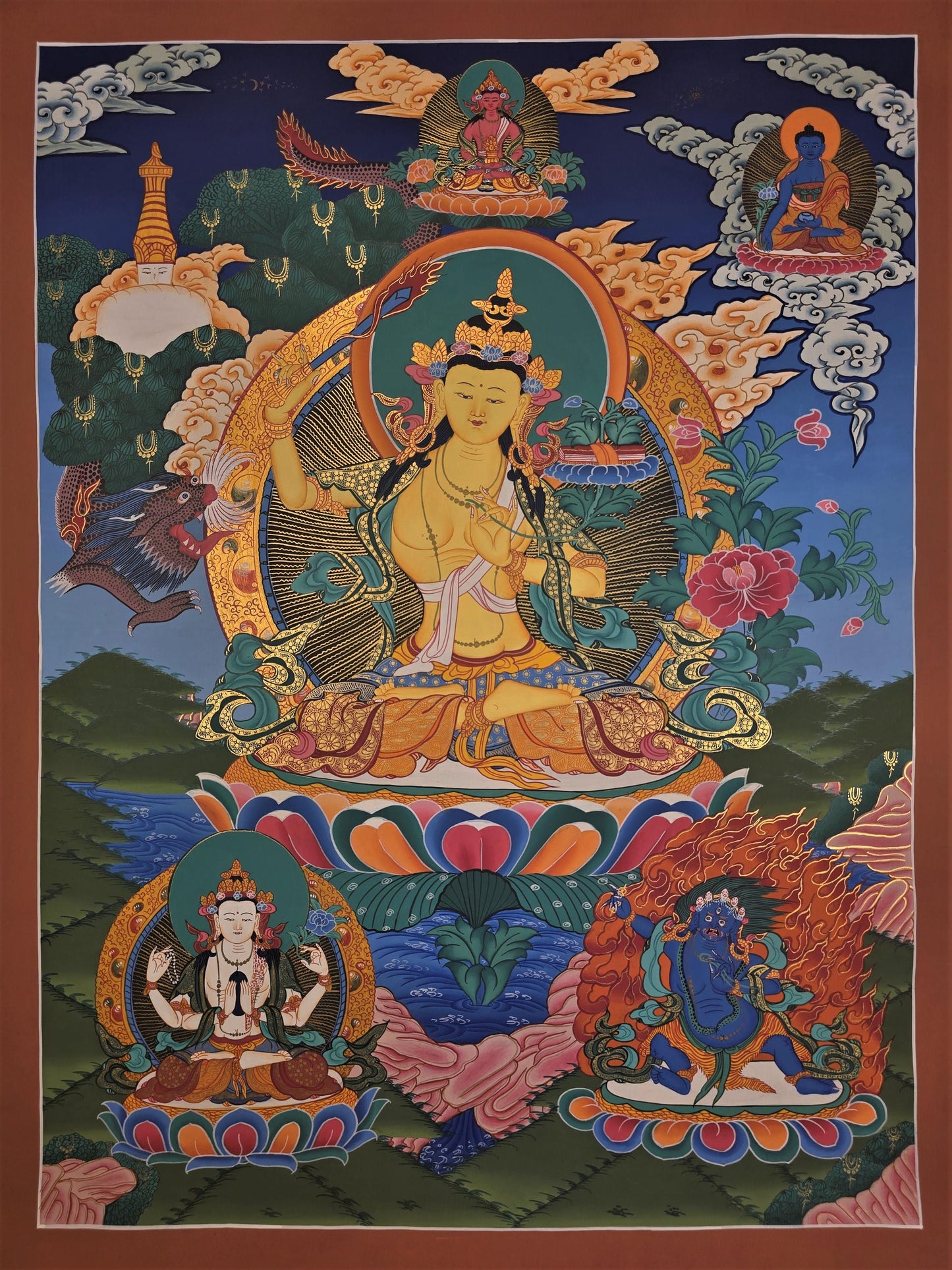 Hand-Painted Manjushree Thangka – Tibetan God of Wisdom Art