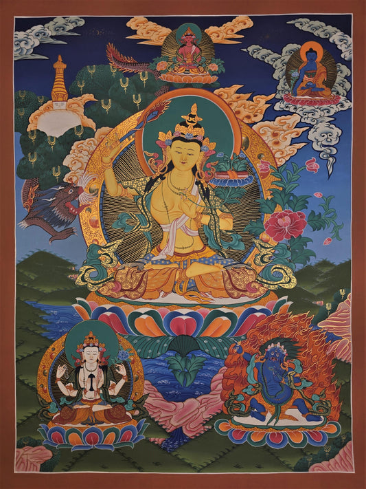 Hand-Painted Manjushree Thangka – Tibetan God of Wisdom Art