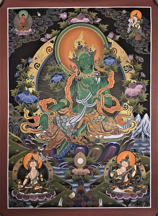 Hand-Painted Green Tara Thangka – Tibetan Compassion Wall Art